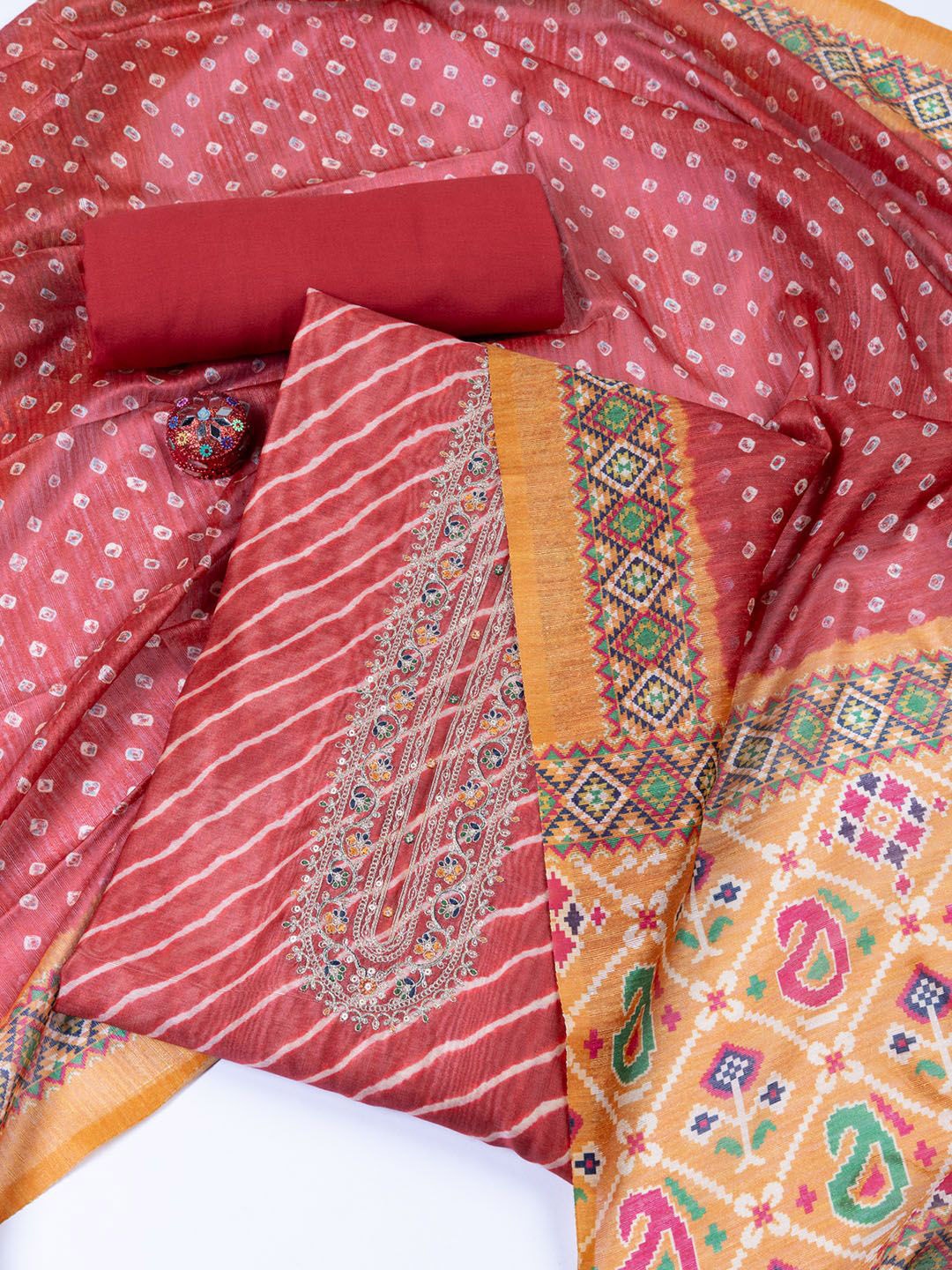 

Meena Bazaar Printed Art Silk Unstitched Dress Material, Red