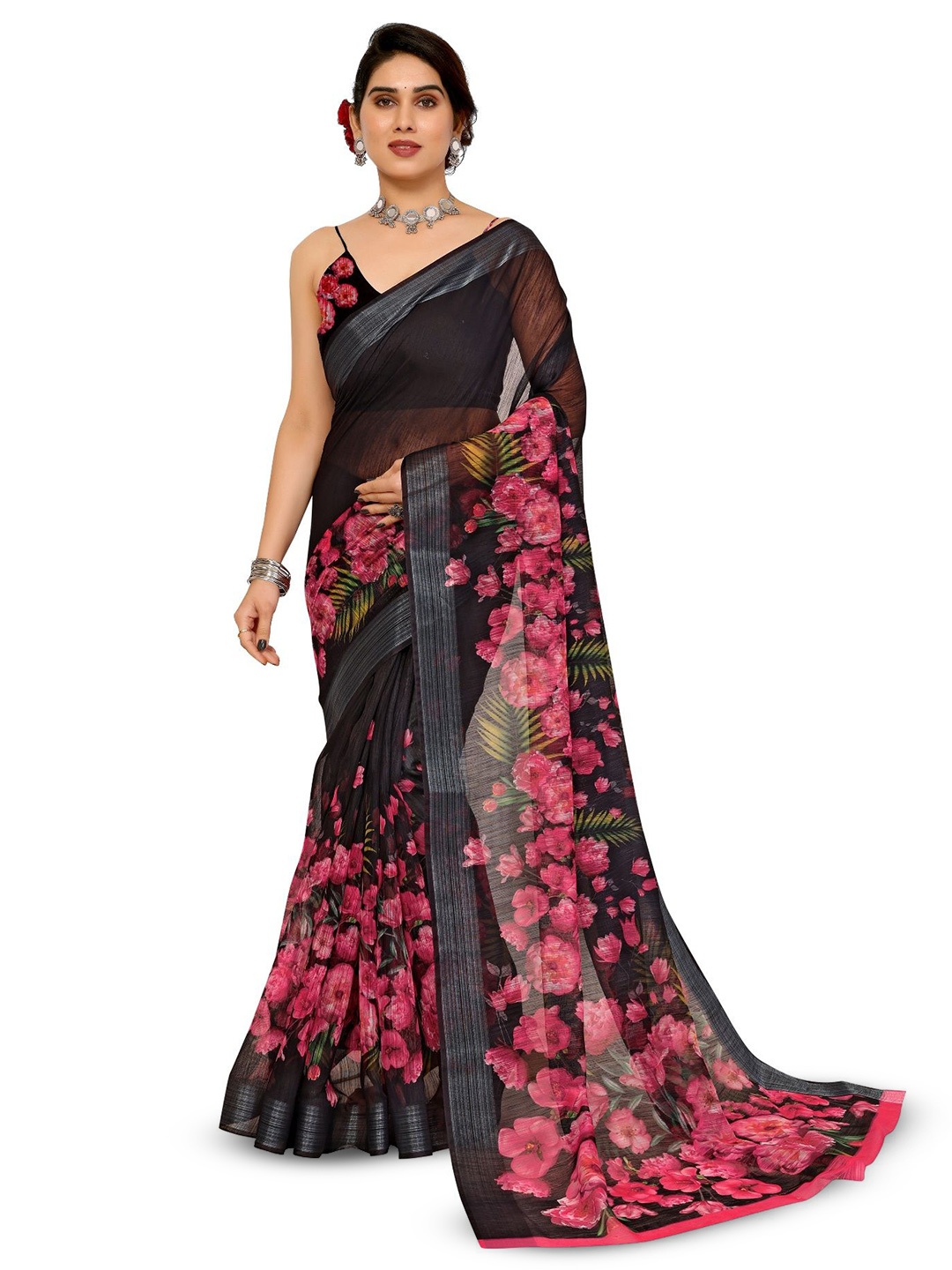 

Moda Rapido Floral Zari Saree, Black