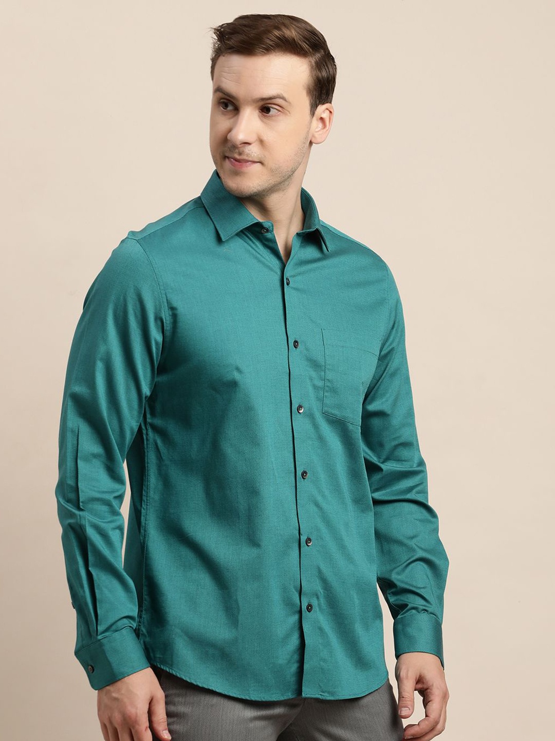 

Turtle Men Standard Regular Fit Spread Collar Solid Cotton Formal Shirt, Sea green