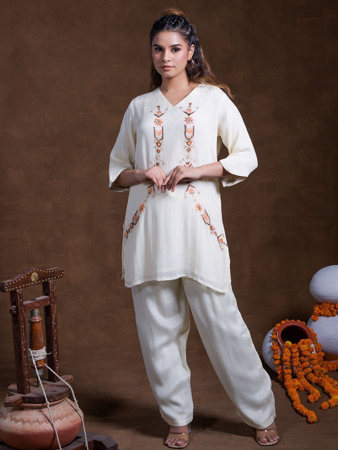 

Phulkari Forever Women Handloom Chiffon Ethnic Palazzos, White