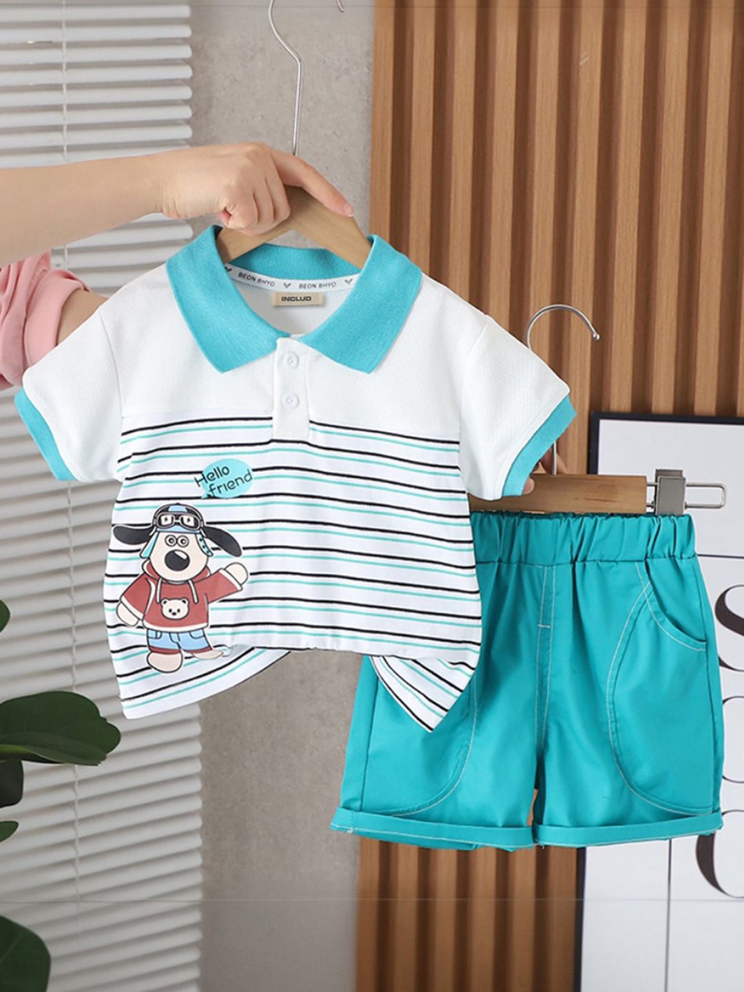 

INCLUD Boys Striped T-shirt with Shorts, Teal