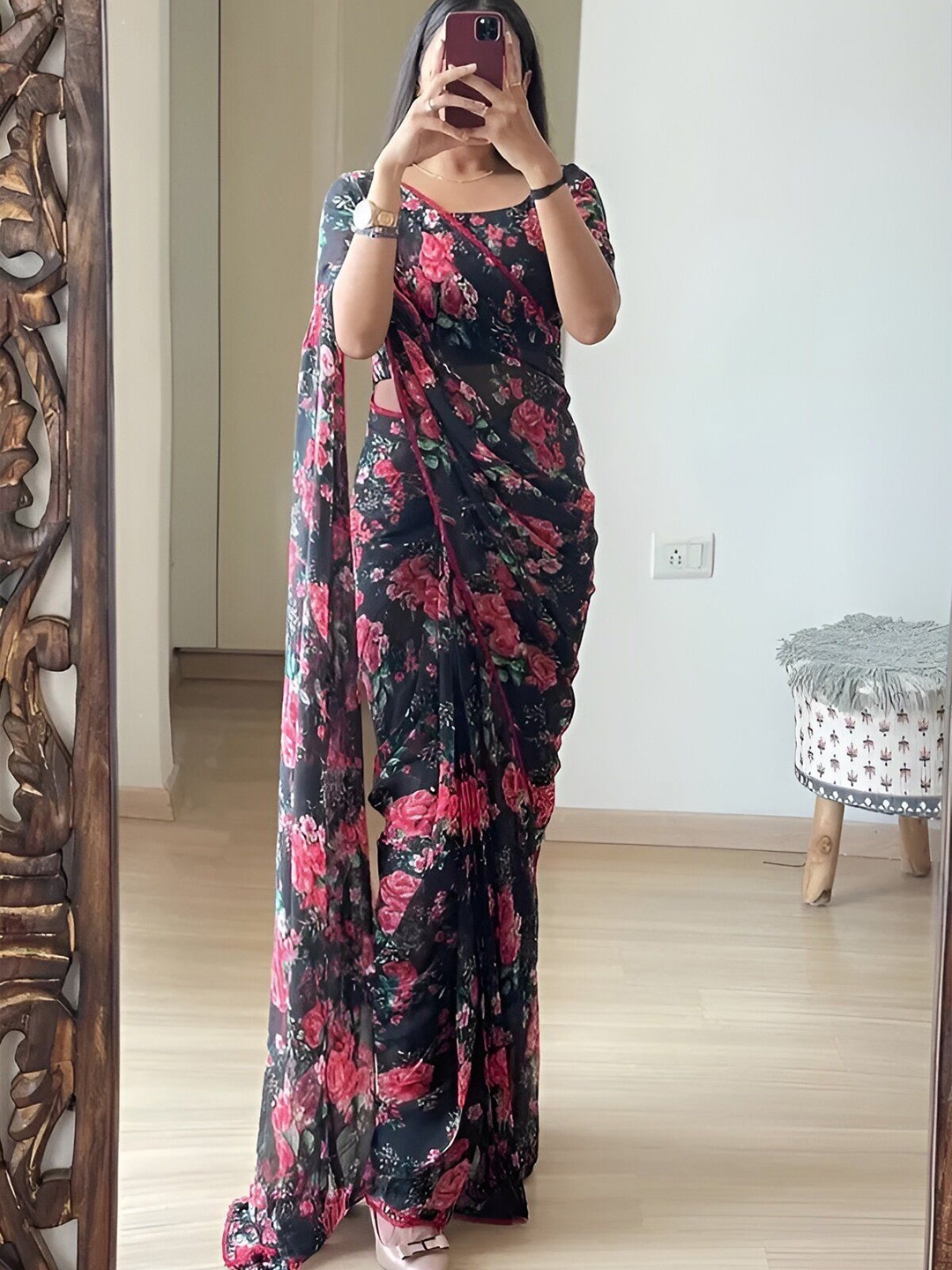 

Moda Rapido Floral Printed Pure Georgette Saree, Black
