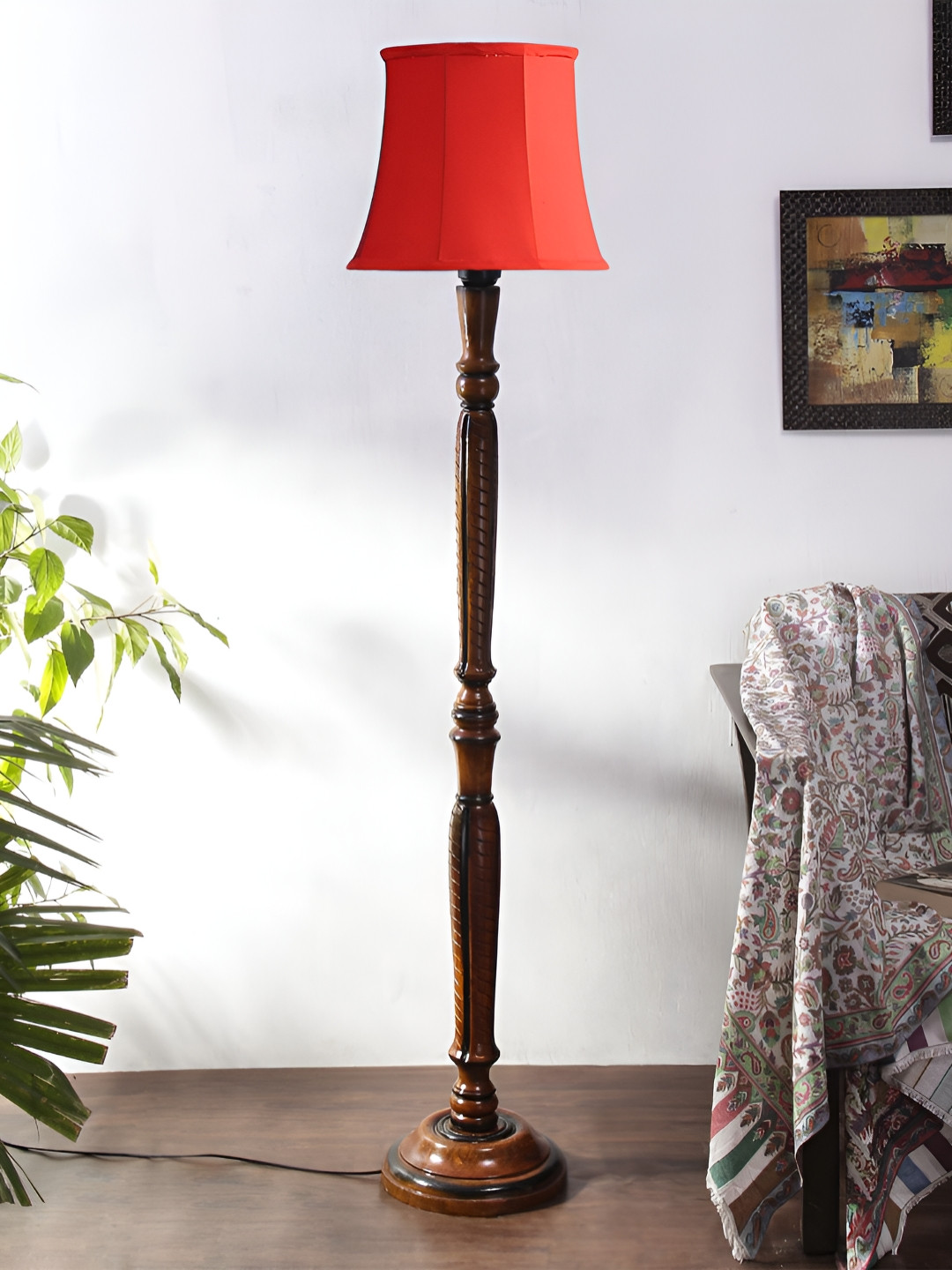 

Devansh Red & Brown Cotton Wooden Floor Lamp With Shade