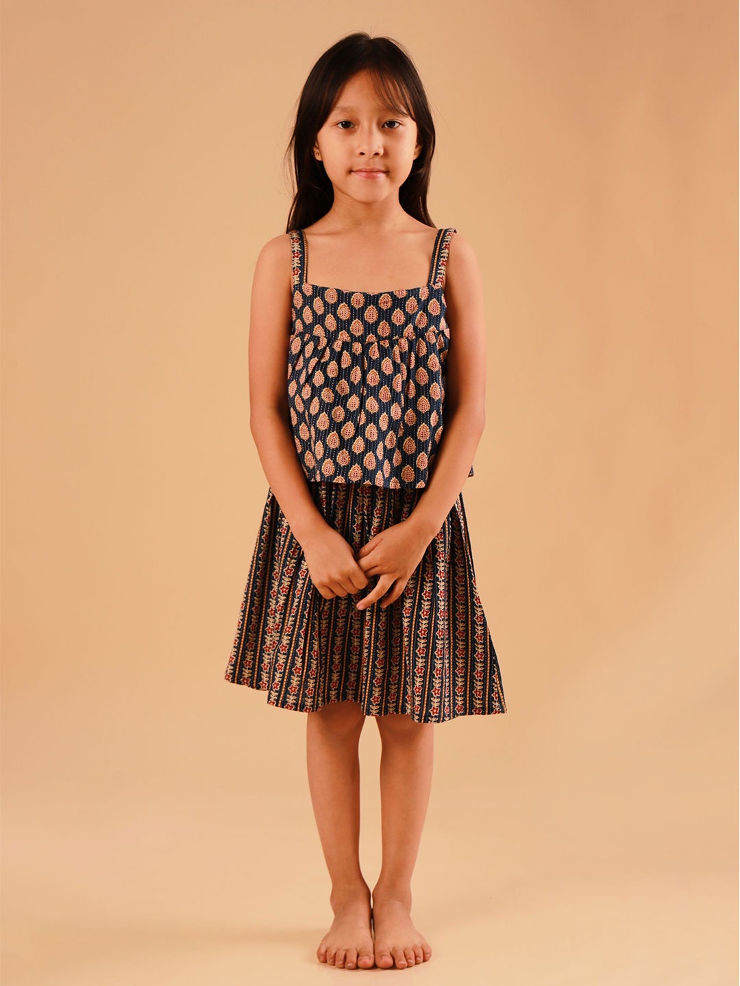 

Sangria Girls Printed Pure Cotton Ethnic Ready to Wear Dress, Navy blue
