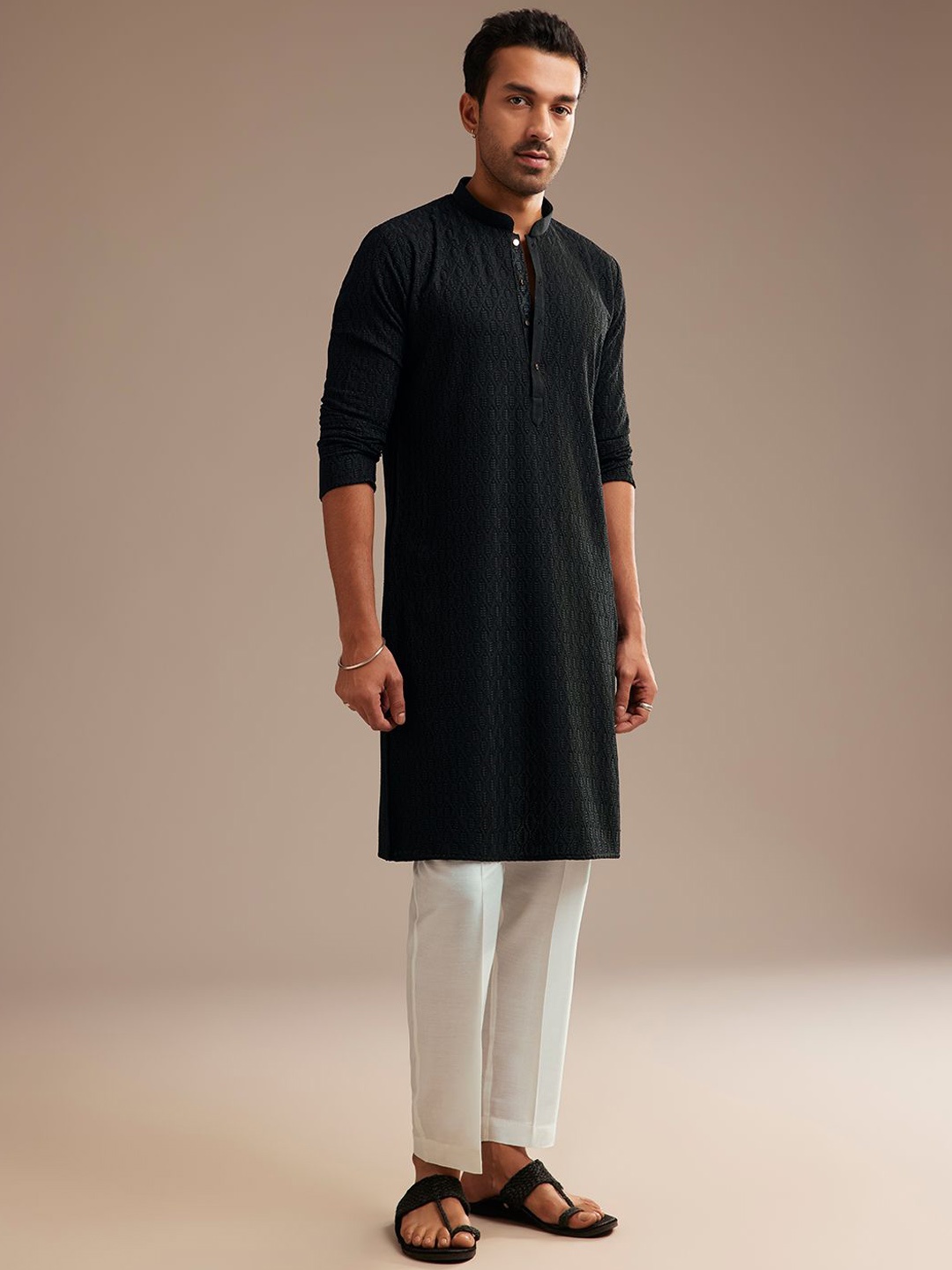 

KALKI Fashion Men Floral Embroidered Regular Kurta with Trousers, Black