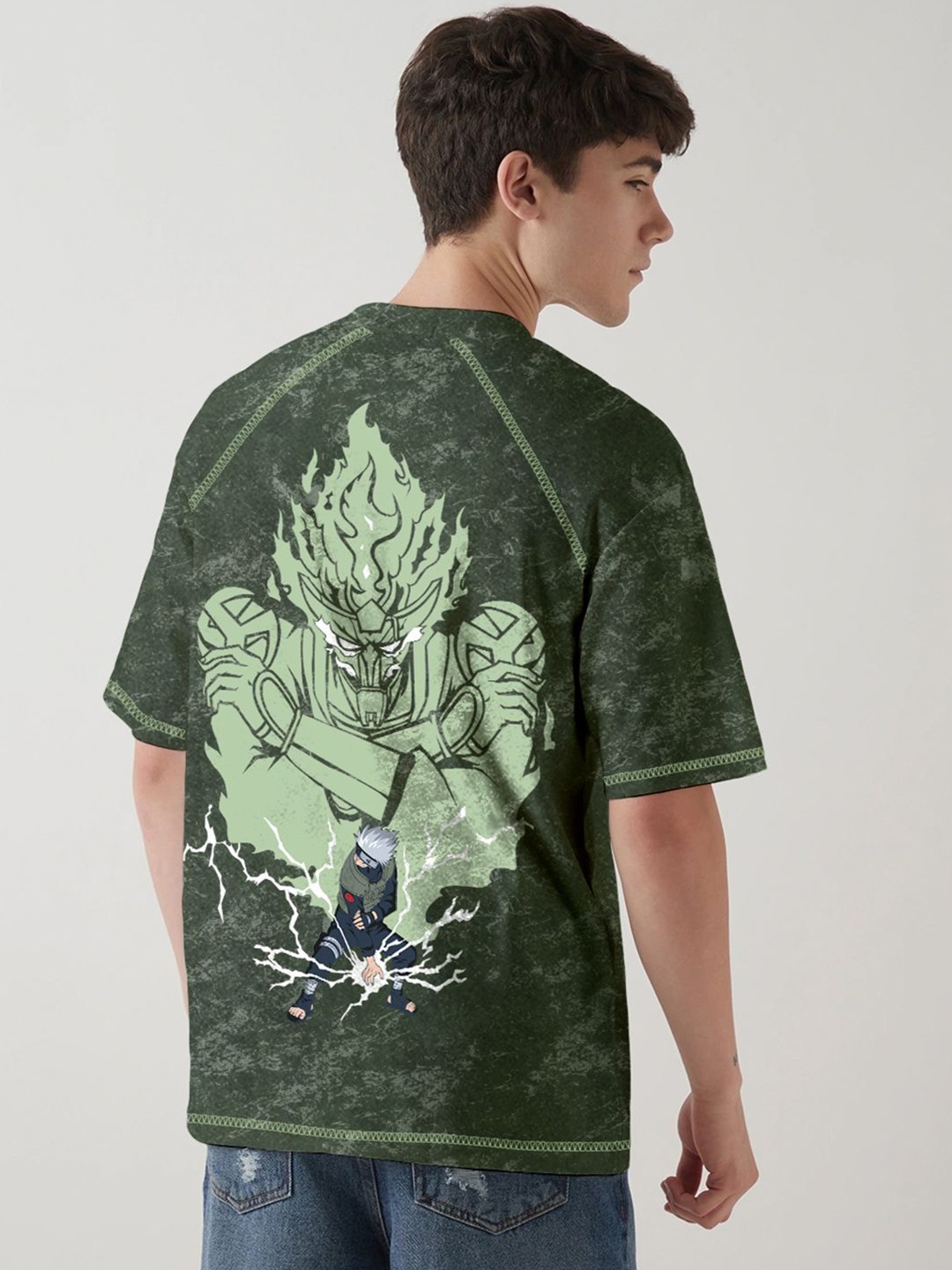 

Crazymonk Men Printed Drop-Shoulder Sleeves Raw Edge T-shirt, Olive