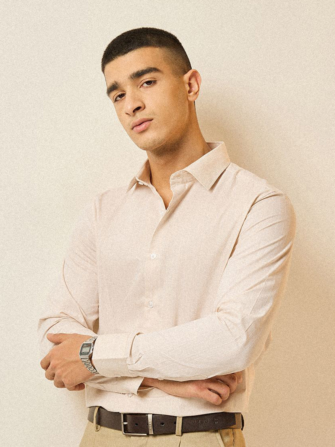 

THE BEAR HOUSE Men Tailored Fit Opaque Striped Formal Shirt, Beige