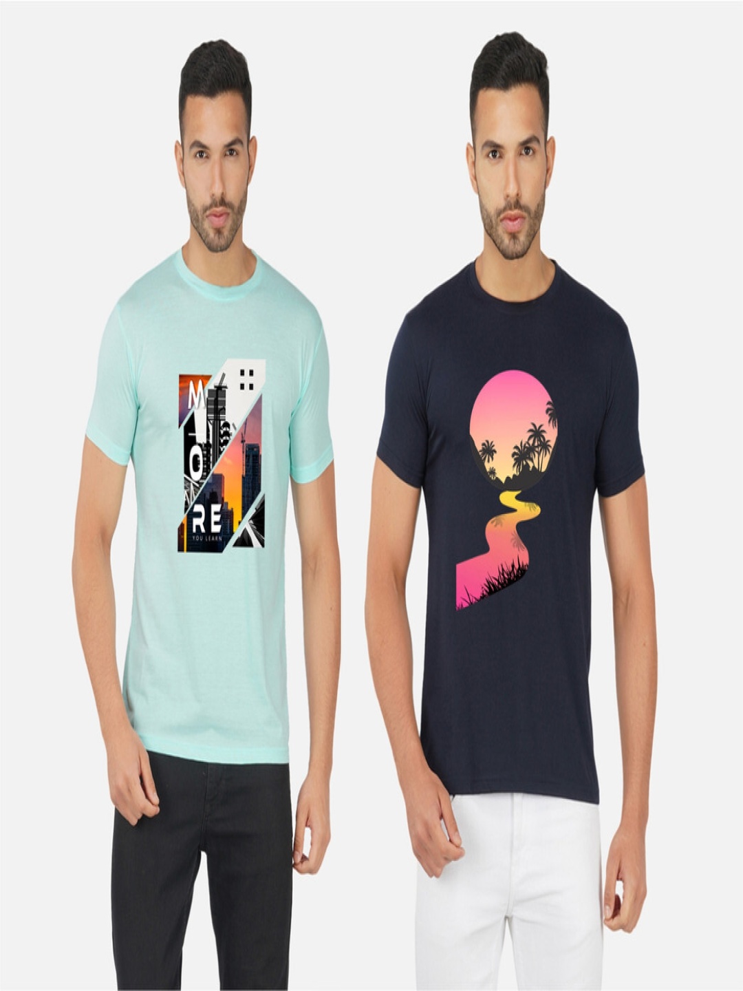 

GLOBAL NOMAD Men 2 Printed Bio Finish Applique T-shirt, Turquoise blue