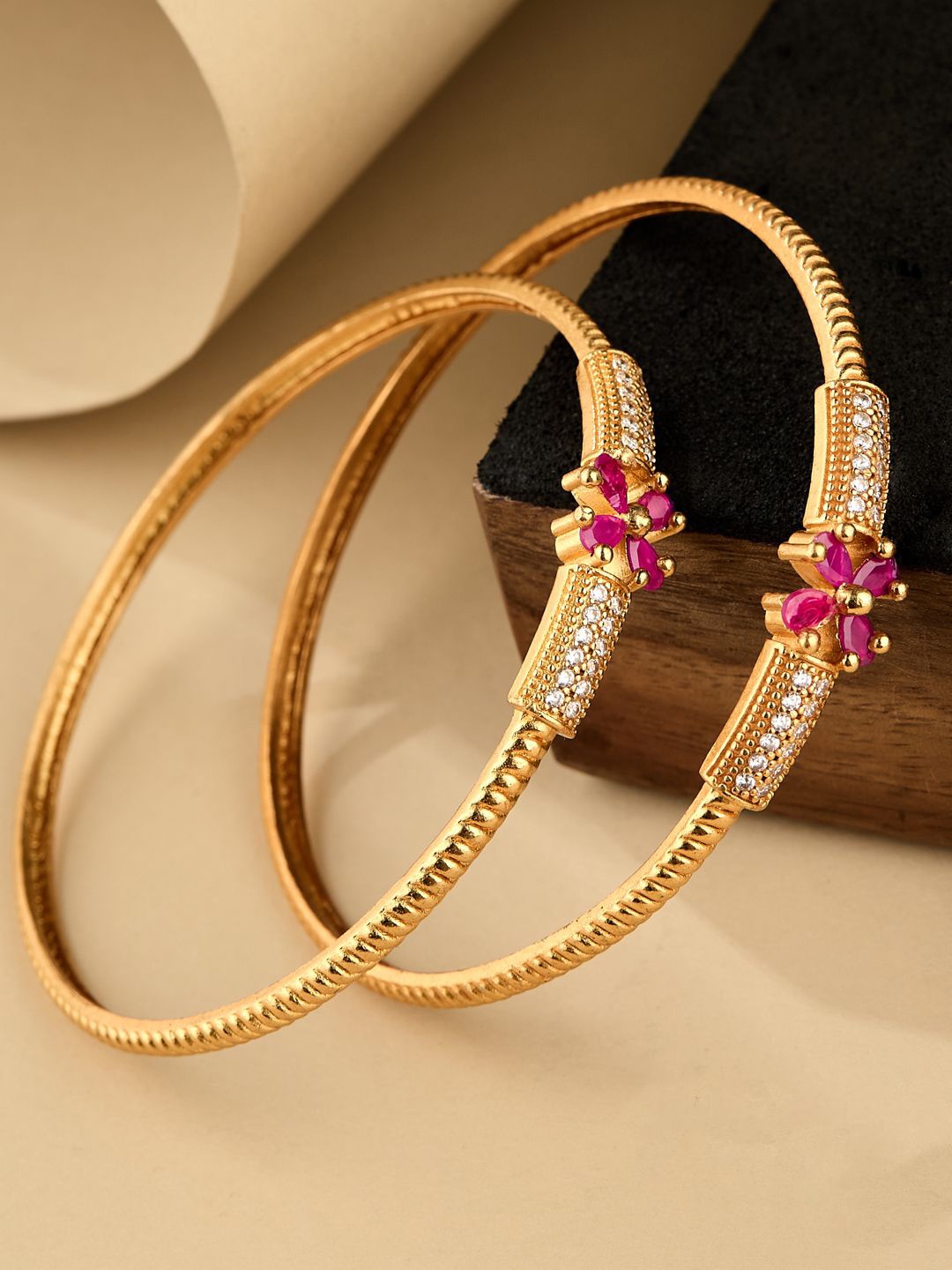 

ATIBELLE Set Of 2 Gold-Plated Kundan-Studded Floral Bangles