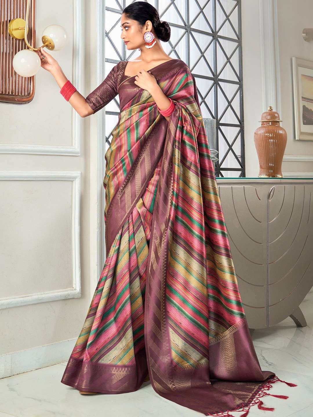 

MySilkLove Striped Zari Silk Blend Banarasi Saree, Brown