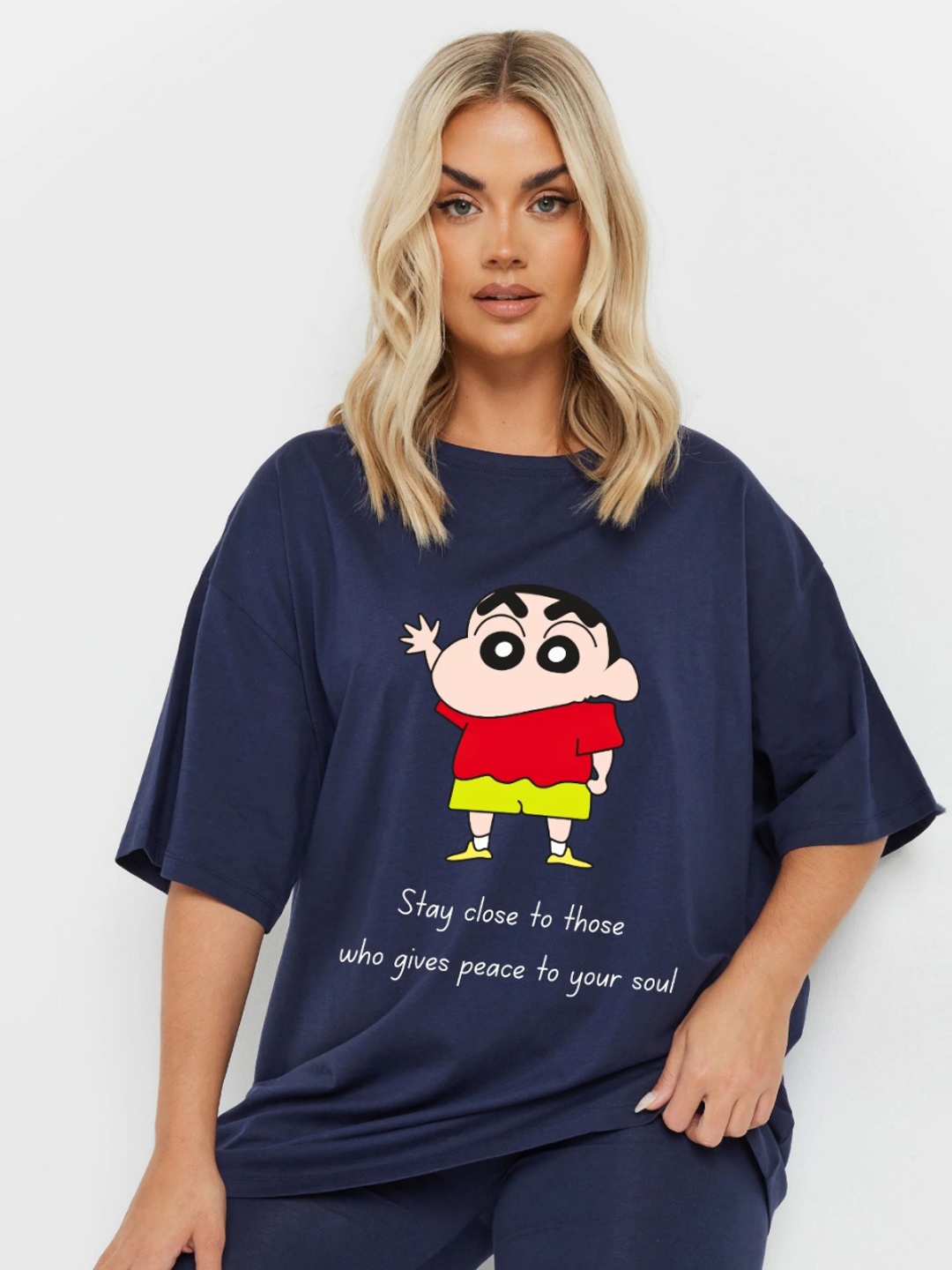 

RAYACLOSET Women Typography Printed Applique T-shirt, Navy blue