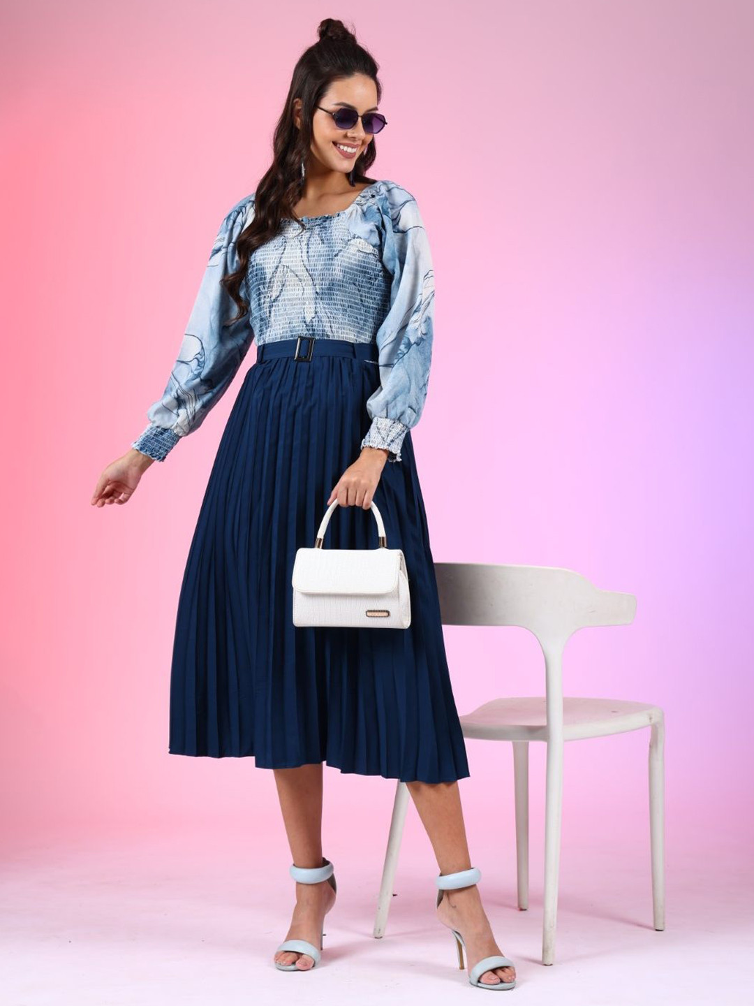 

Raiyani Fashion Print Applique Crepe Fit & Flare Dress, Blue