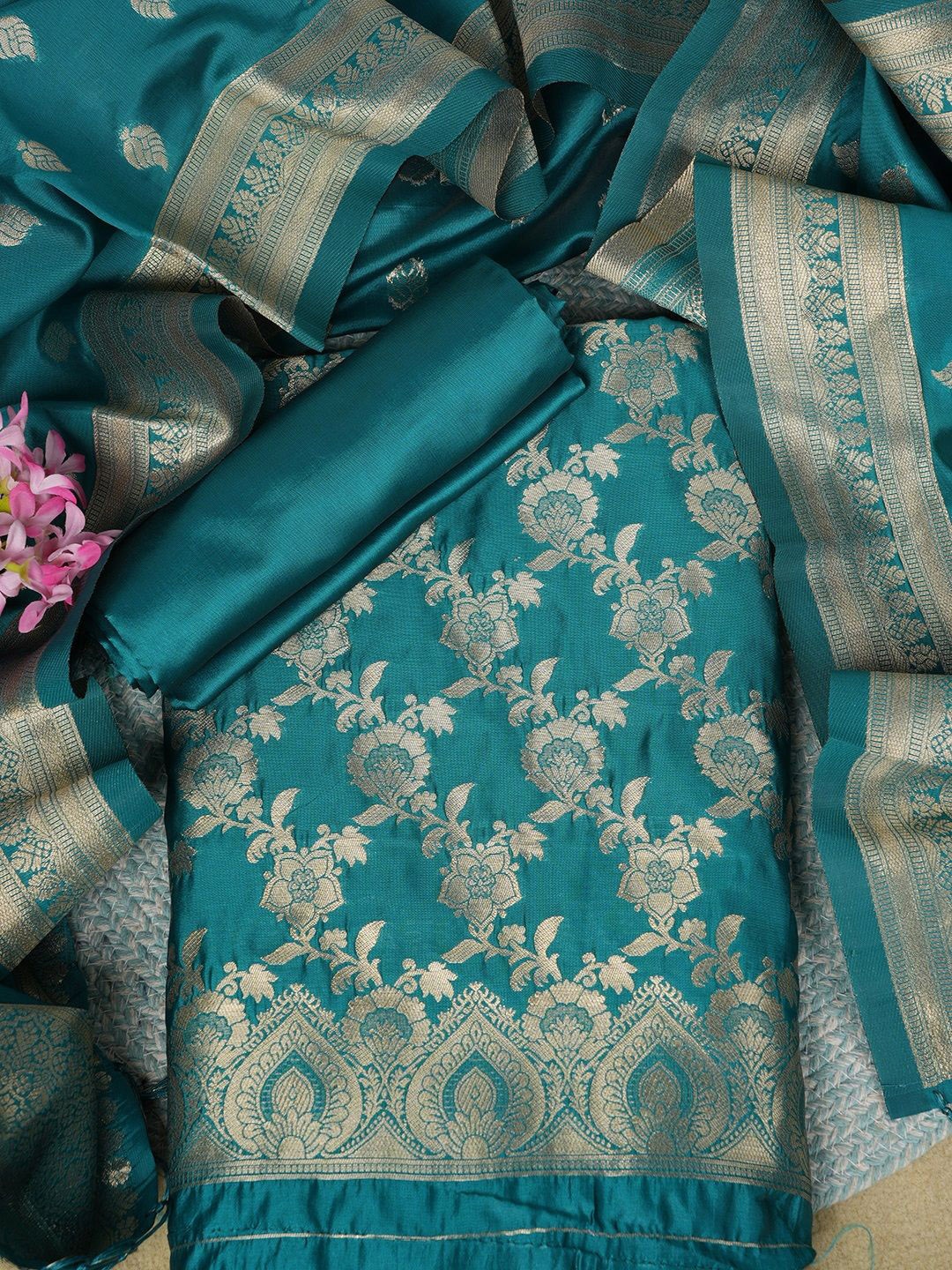 

MUFFLY Printed Pure Cotton Unstitched Dress Material, Teal