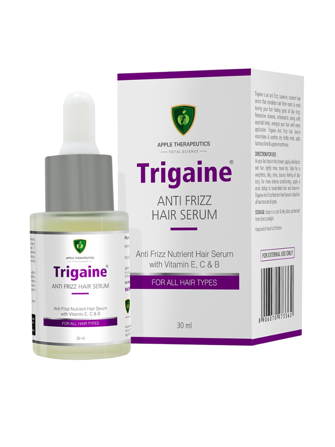 

Apple Therapeutics Trigaine Vitamin E C & B Anti-Frizz Hair Serum For Smooth Hair- 30 ml, White