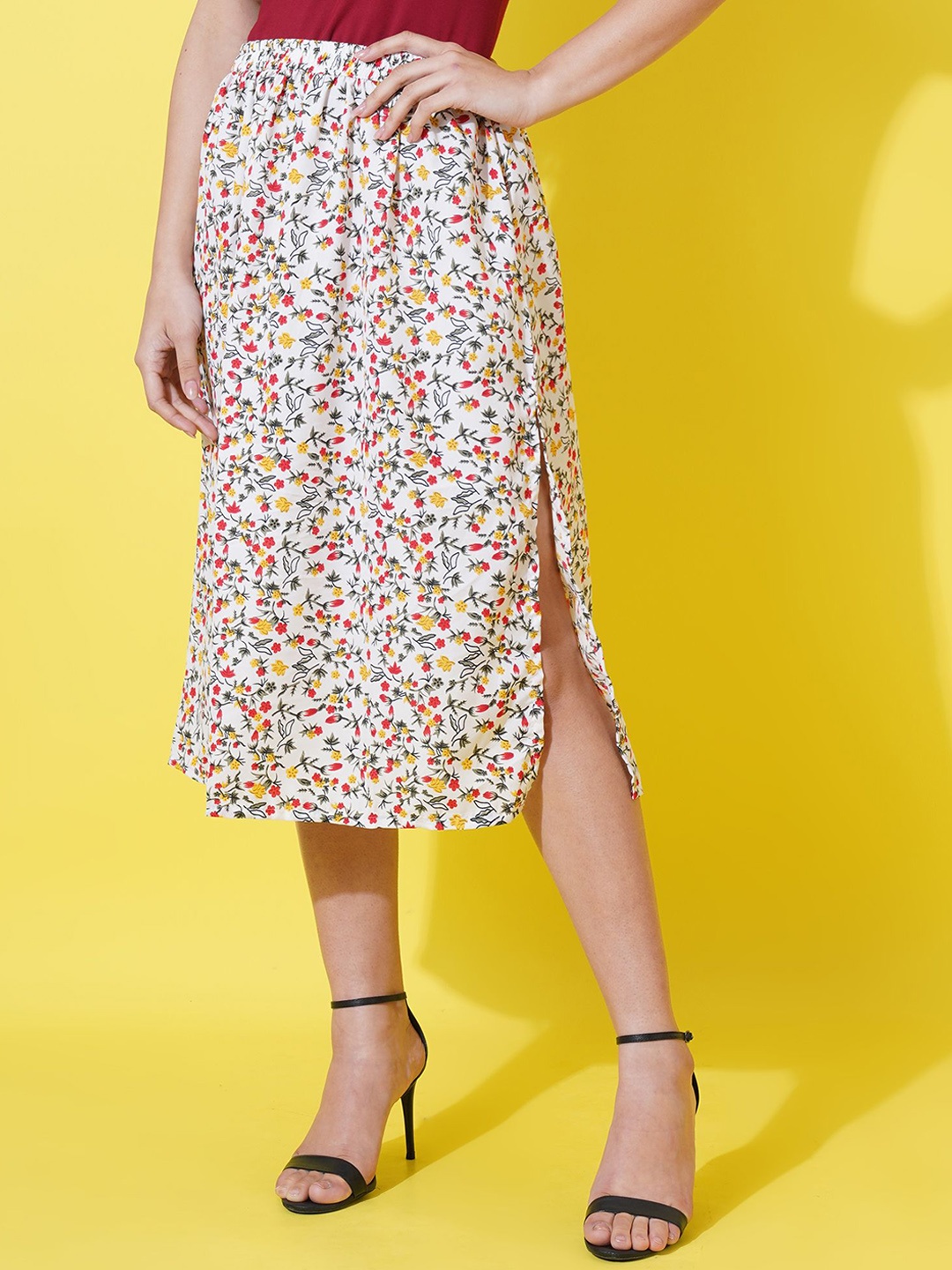 

FebQ Floral Printed A-Line Midi Skirt, Off white