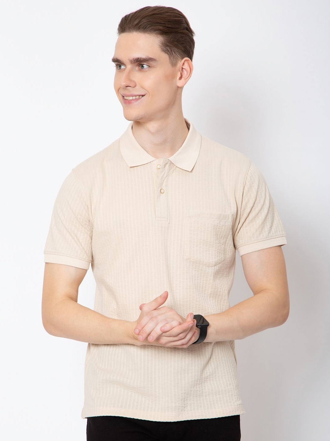 

Sparky Men Polo Collar Pockets Slim Fit T-shirt, Beige