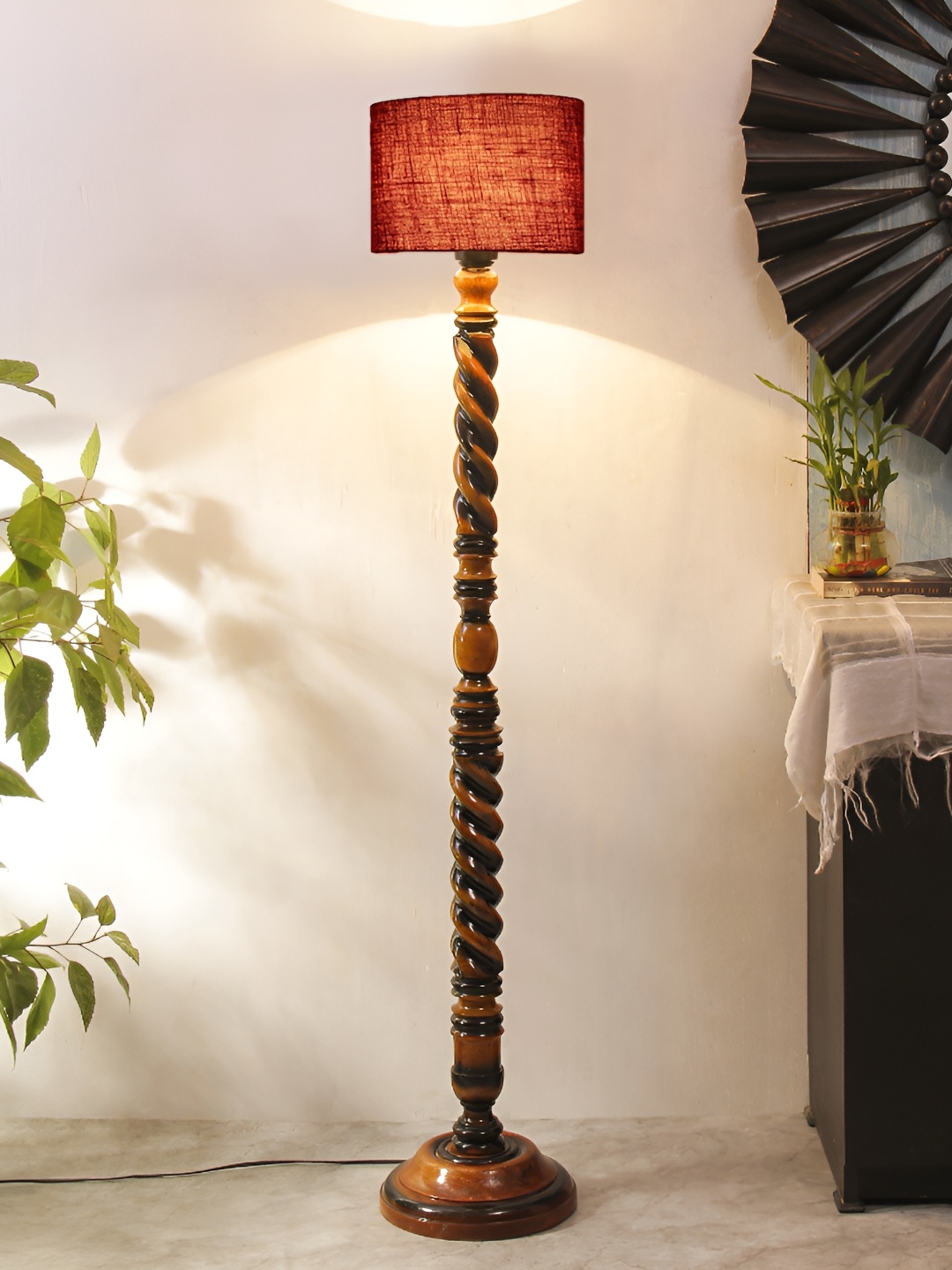 

Devansh Maroon & Brown Wooden Cylinder Shaped Floor Lamp With Shade