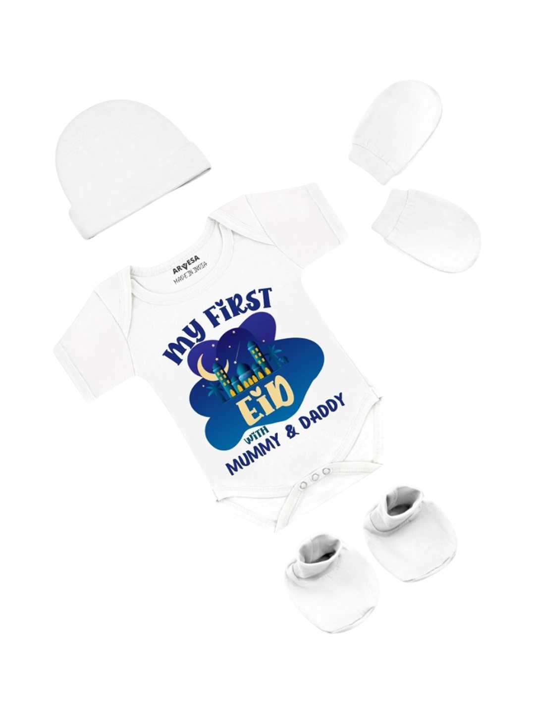 

Arvesa Infants My First Eid Printed Bodysuit with Cap Booties Mitten, White