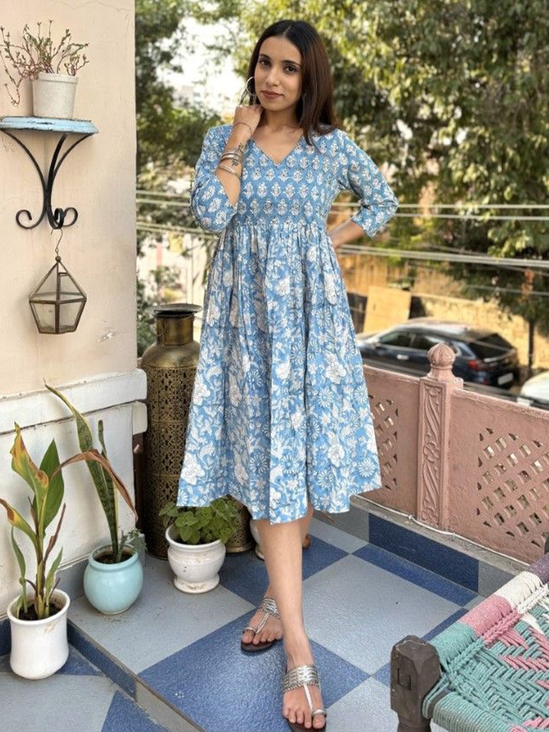

GOODHAND Floral Print Peplum Dress, Blue