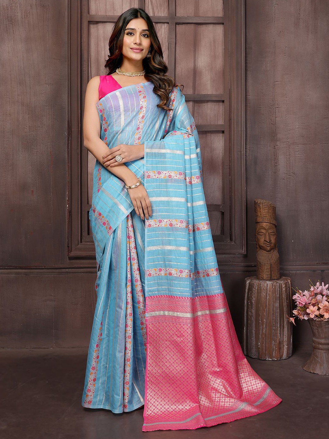 

Janasya Ethnic Print Woven Design Jacquard Saree with Unstitched Blouse Piece, Blue
