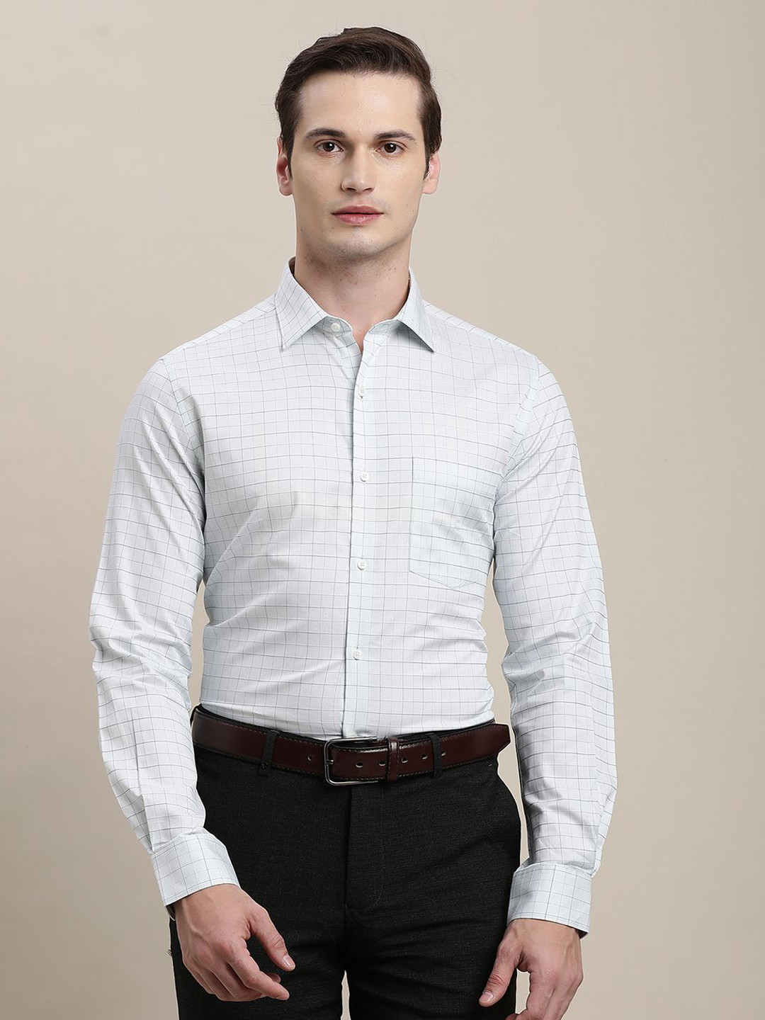 

Turtle Men Standard Slim Fit Spread Collar Grid Tattersall Checked Cotton Formal Shirt, White