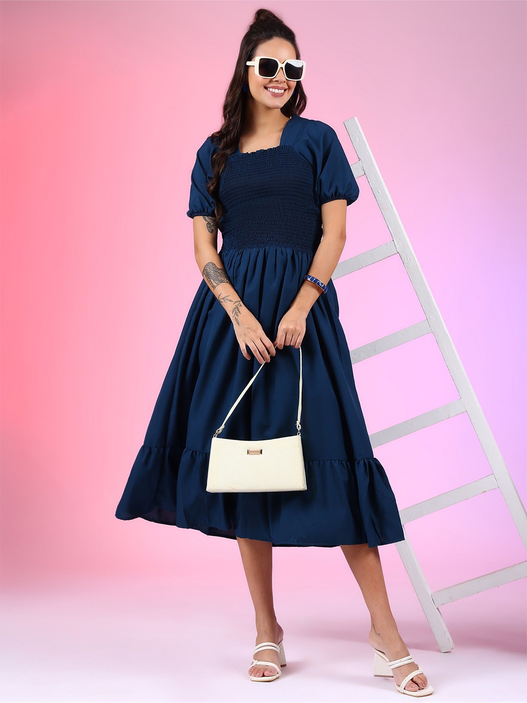 

Raiyani Fashion Women Puff Sleeve Fit & Flare Dress, Blue