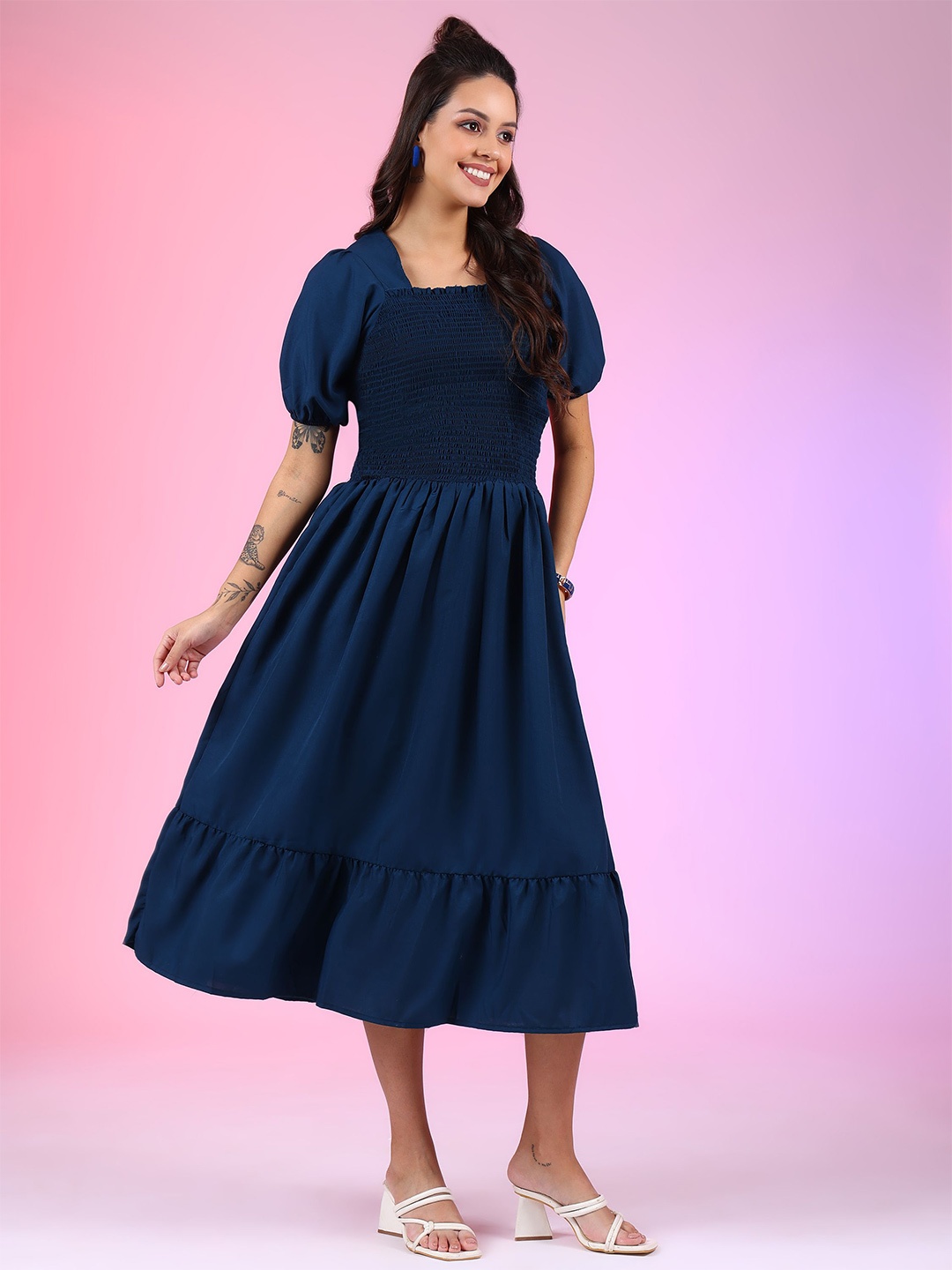 

Raiyani Fashion Puff Sleeve Smocked Detail Fit & Flare Midi Dress, Blue