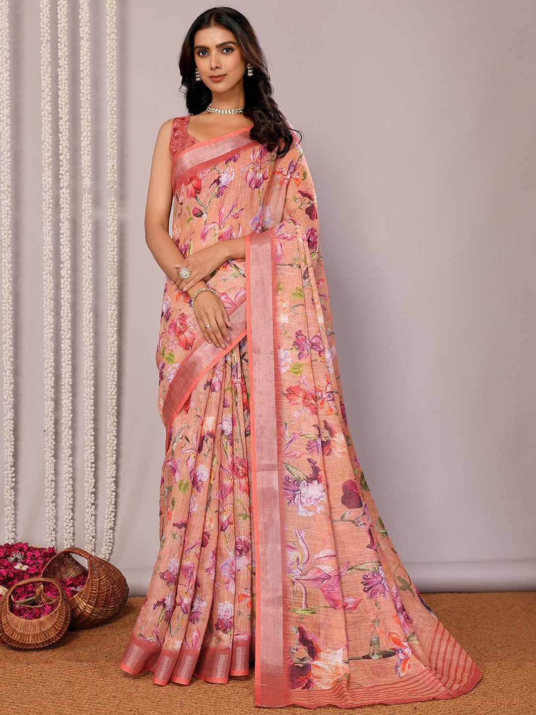 

Janasya Women Linen Blend Floral Printed Daily Wear Saree with Unstitched Blouse Piece, Peach