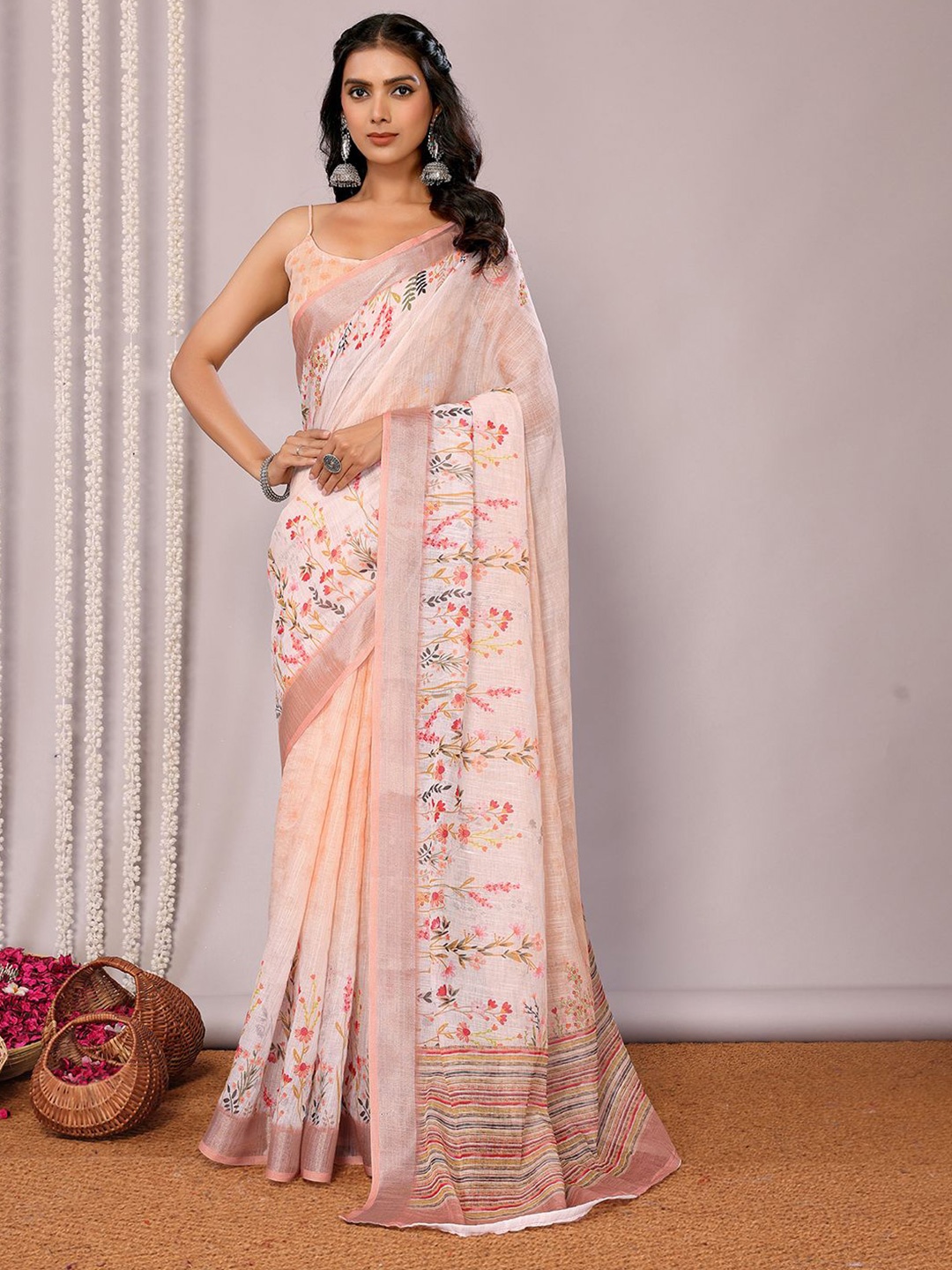 

Janasya Linen Blend Floral Printed Daily Wear Saree with Unstitched Blouse Piece, Peach