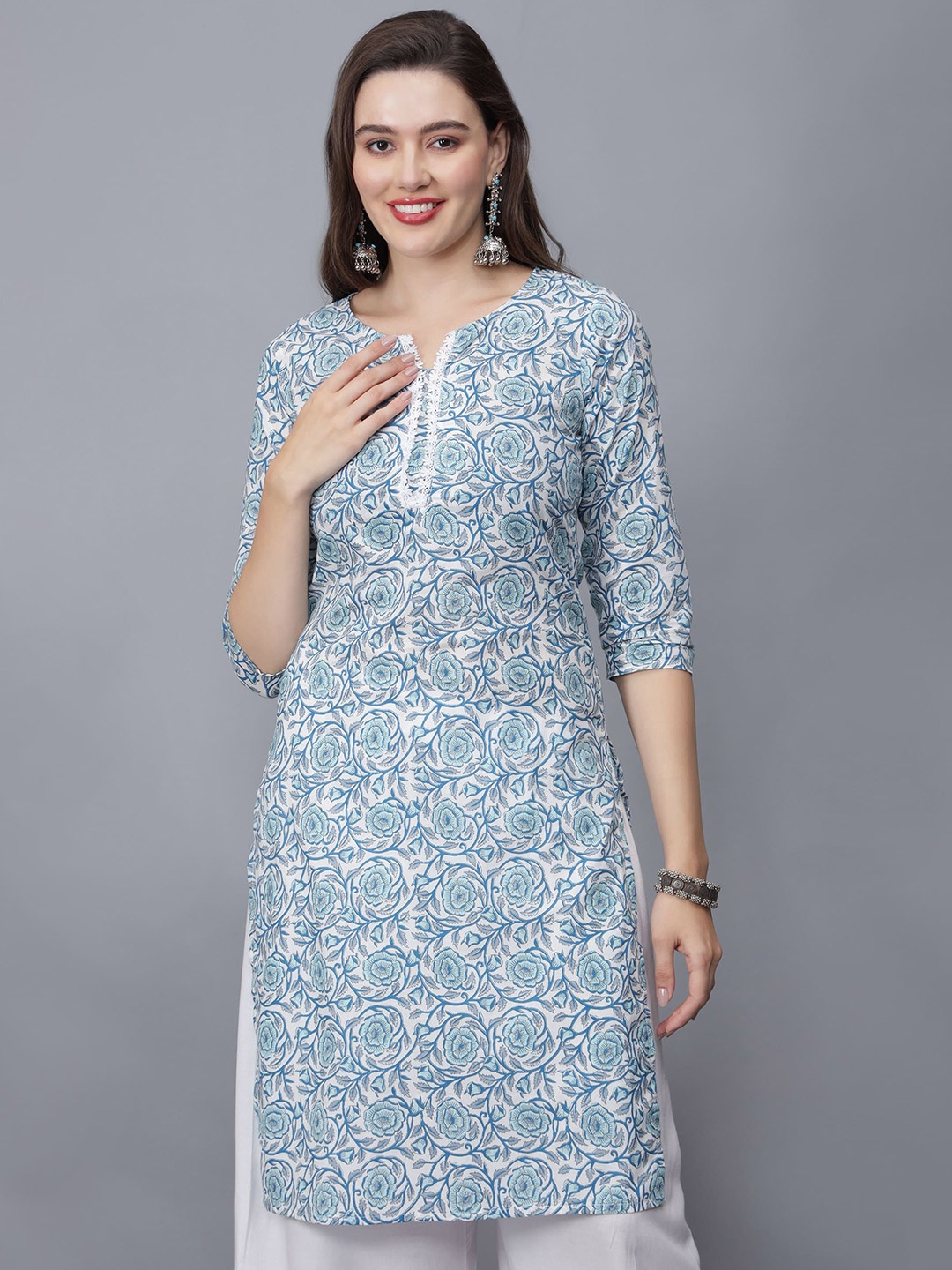 

ETRAANA Printed Pure Cotton V-Neck Kurta, Blue