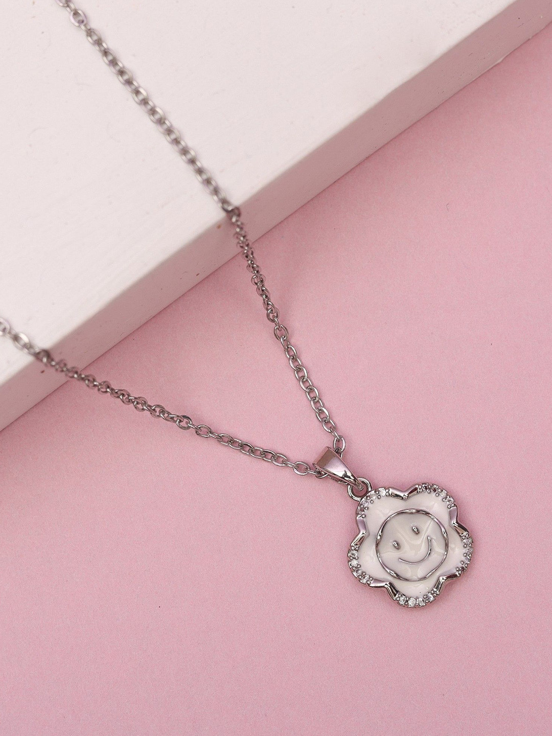 

Laviscart Rhodium-Plated Artificial Stones Studded Floral Pendants With Chains, Silver