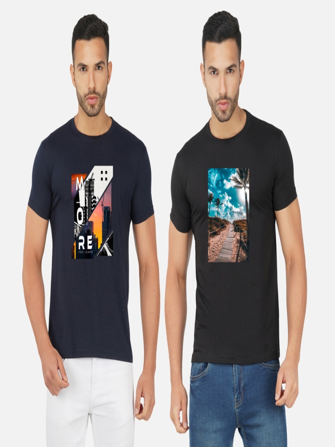 

GLOBAL NOMAD Men 2 Printed Bio Finish Applique T-shirt, Navy blue