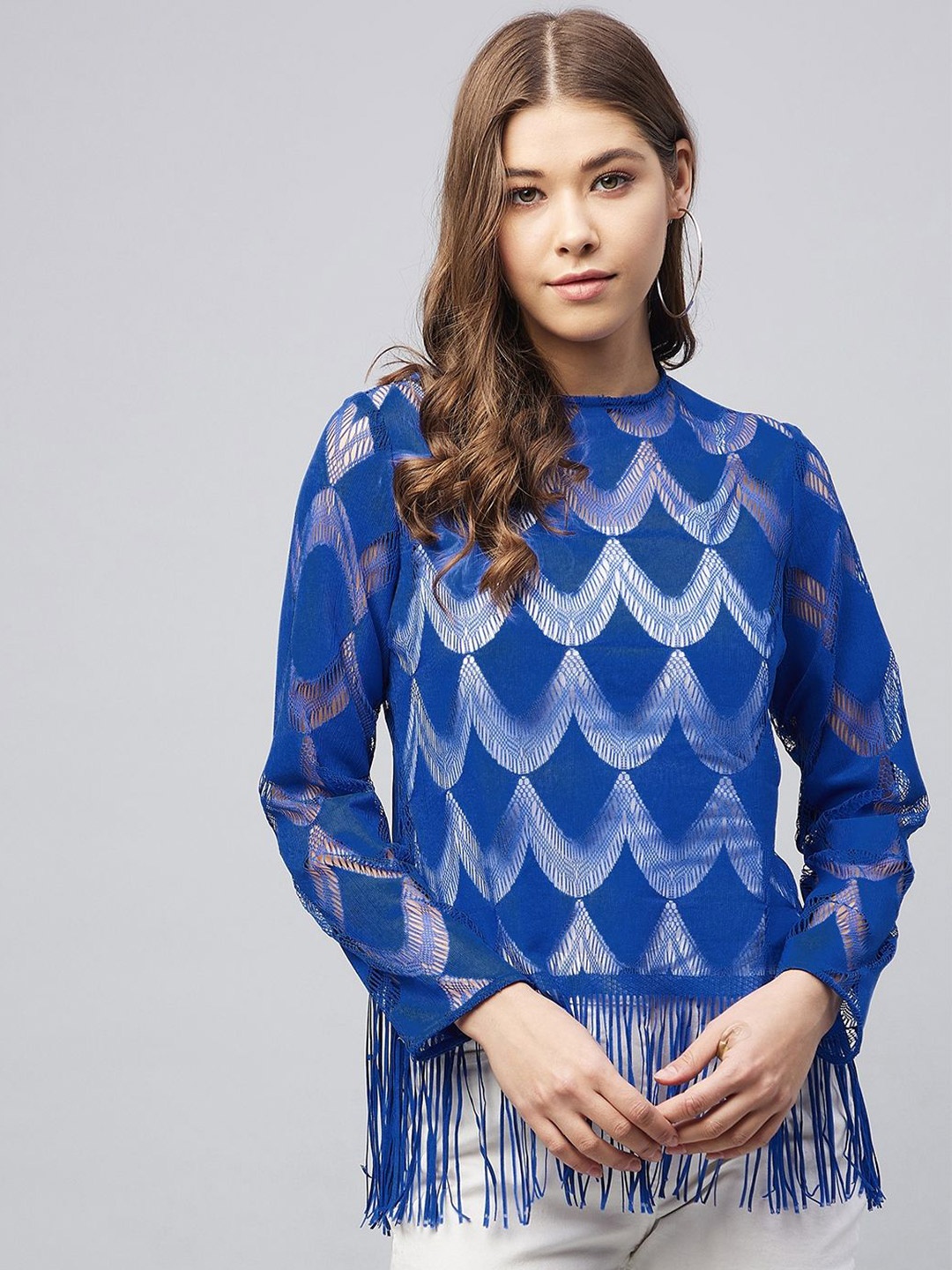 

Chemistry Fringed Cotton Lace Top, Blue