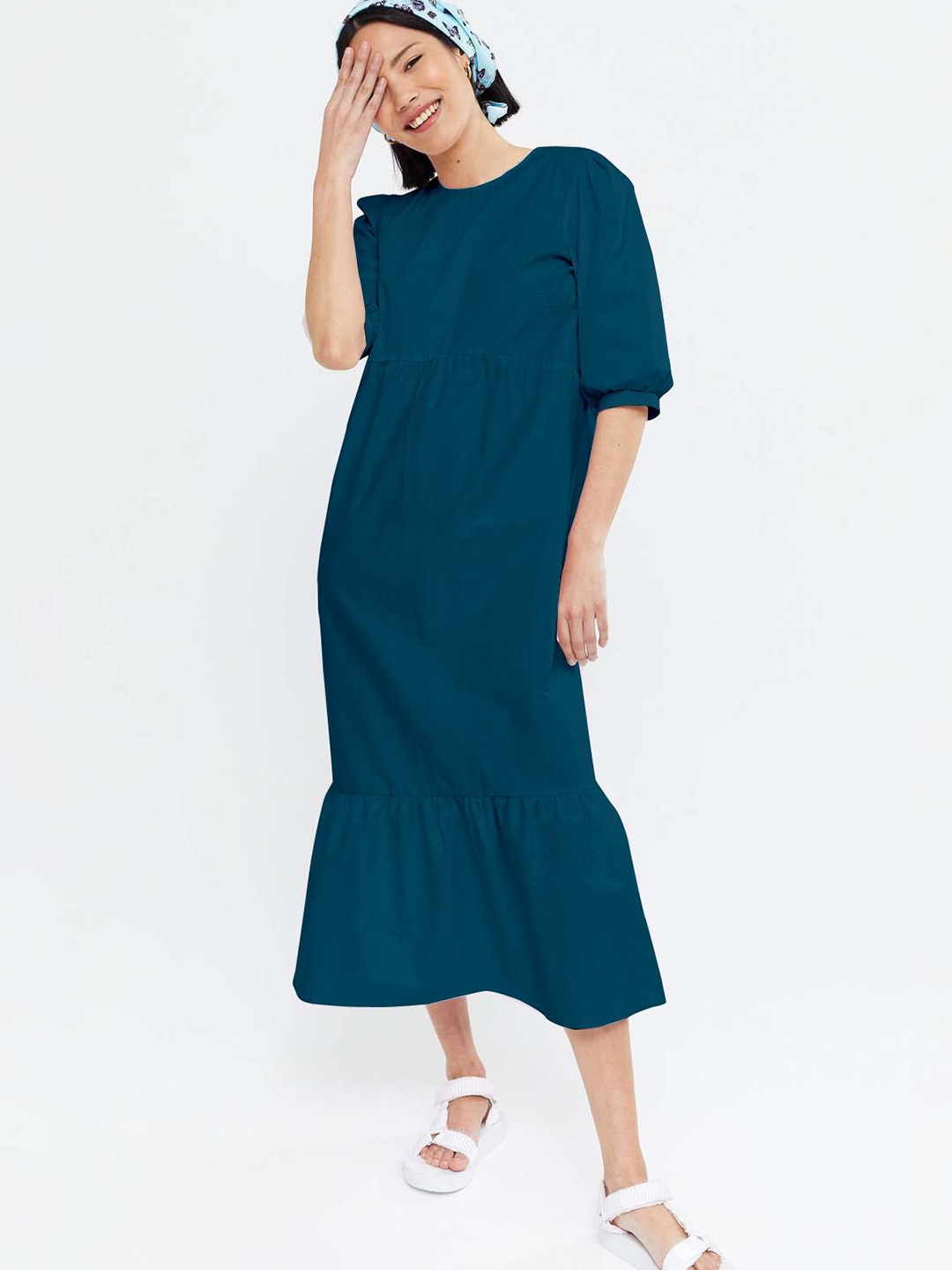 

Raiyani Fashion Solid Blue Round Neck Fit & Flare Tiered Maxi Dress