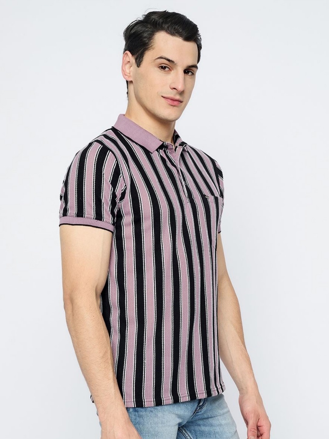 

ARRAY Men Striped Polo Collar T-shirt, Lavender