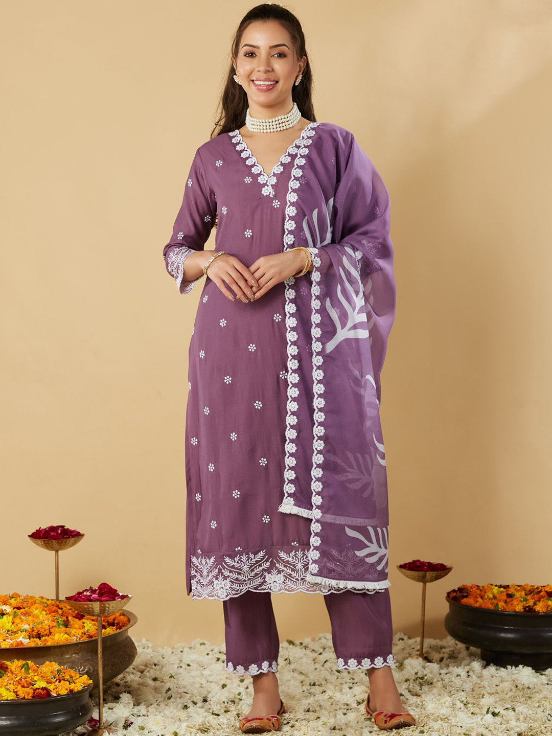 

Colors of Earth Women Embroidered Regular Kurta with Trousers & With Dupatta, Violet