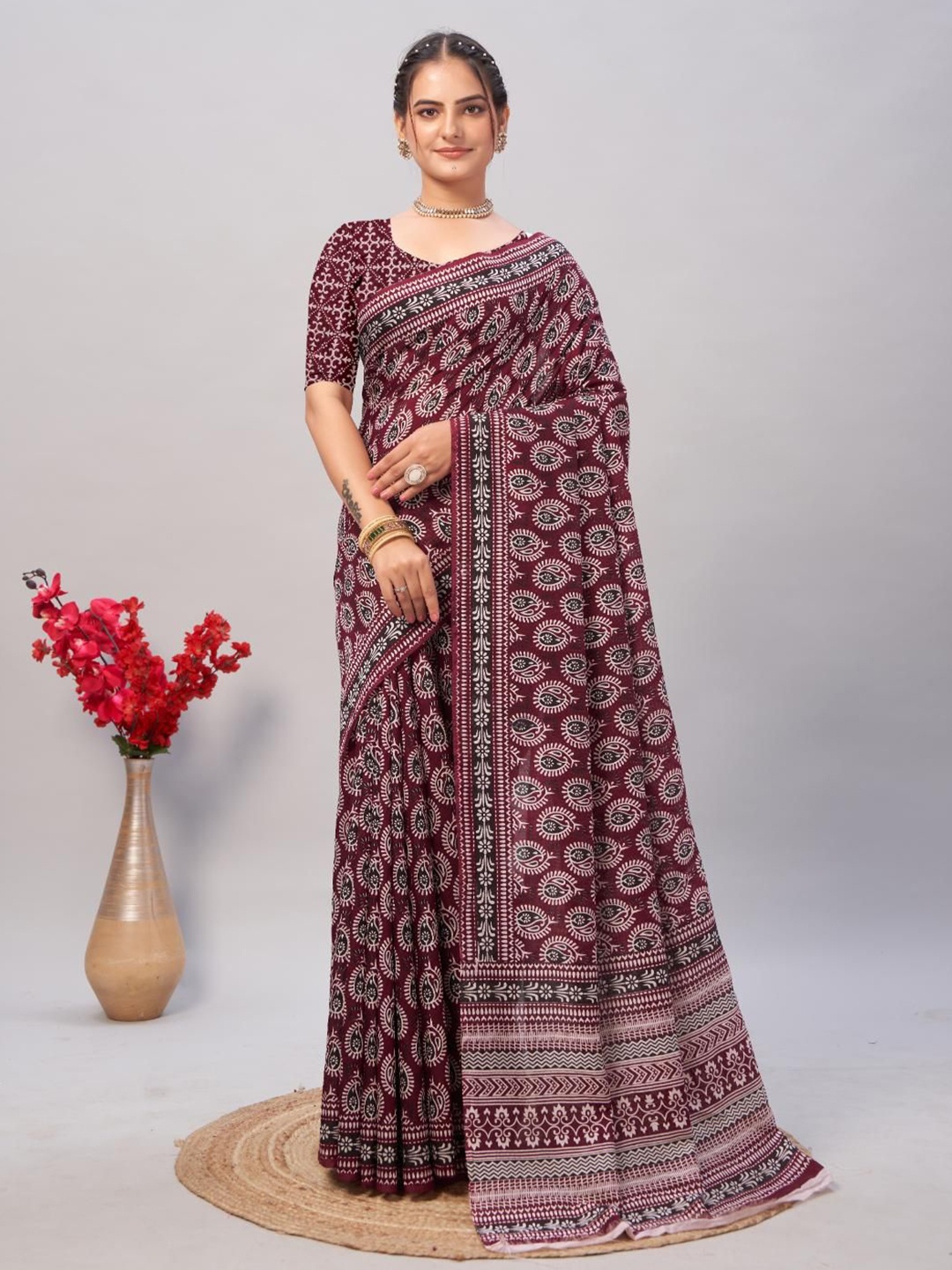 

HERE&NOW Ajrak Block Block Print Saree, Maroon