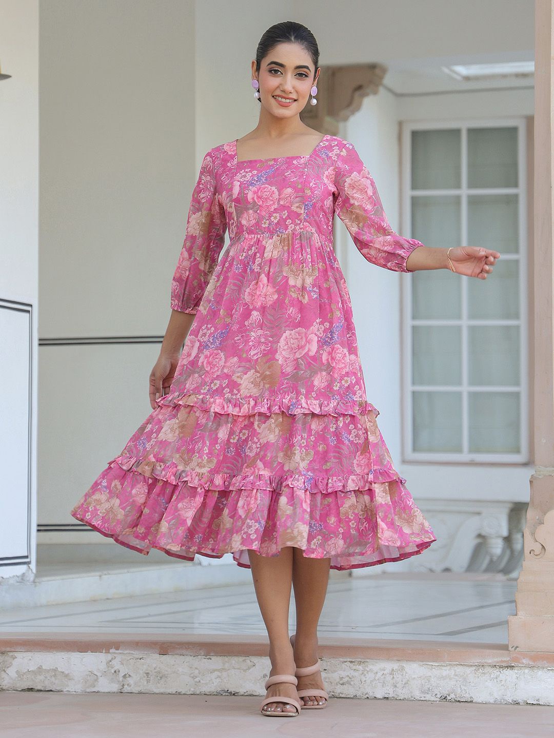 

Janasya Floral Printed Tiered Dress, Pink