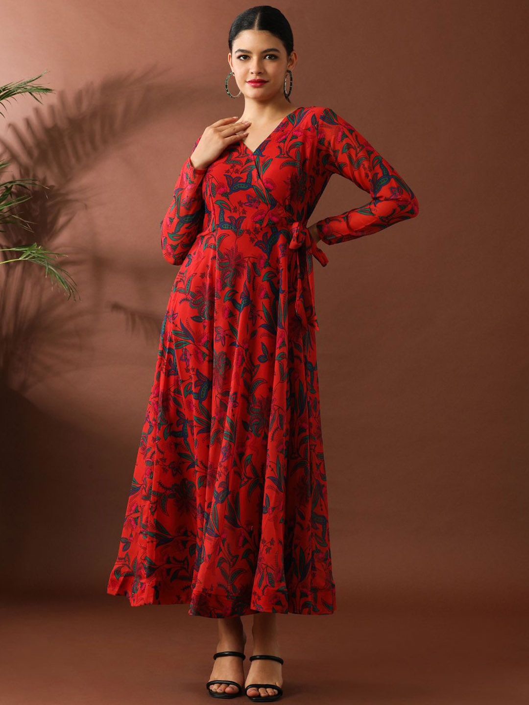 

Jaipur Kurti Women Floral Printed V-Neck Wrap Midi Tie-Ups Ethnic Dress, Orange