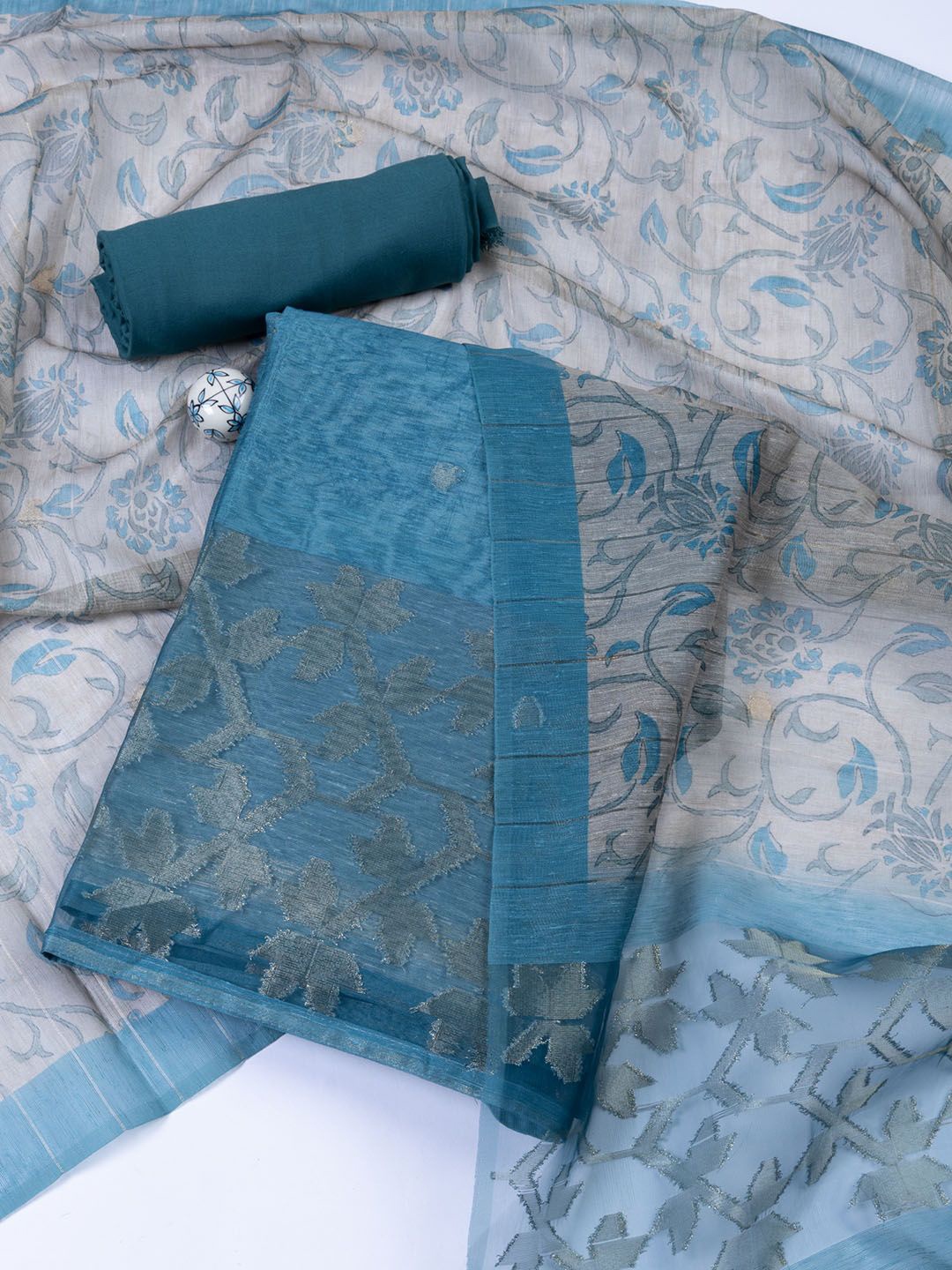 

Meena Bazaar Printed Unstitched Dress Material, Teal
