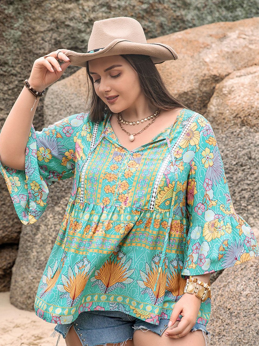 

JC Mode Floral Print Bell Sleeve Top, Blue