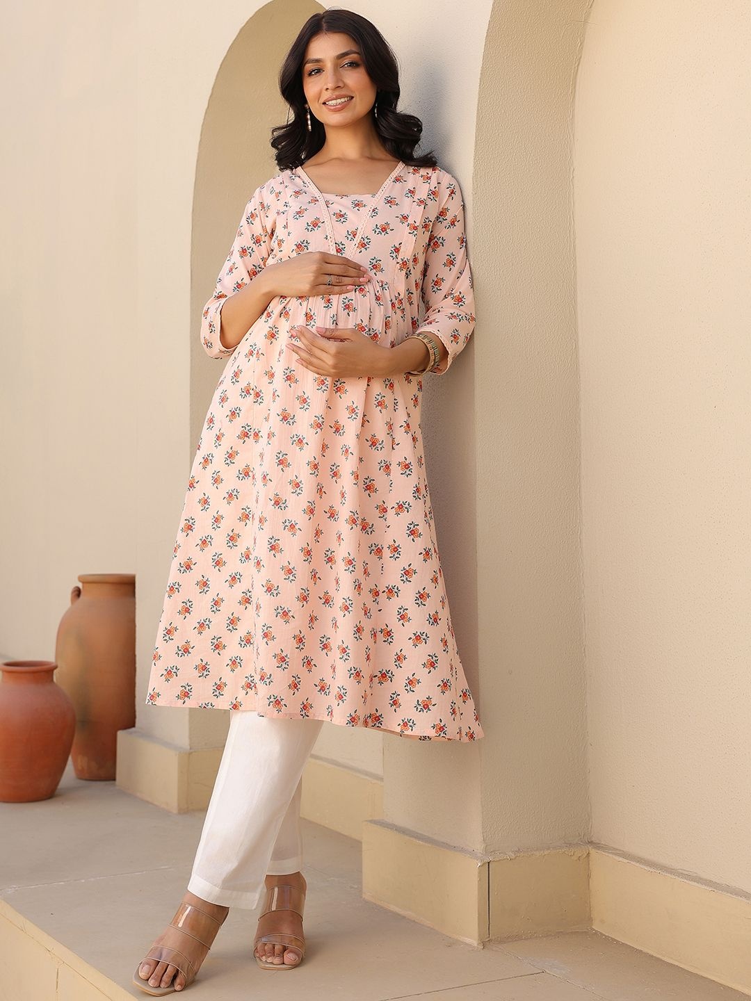

Janasya Women's Peach Pure Cotton Floral Printed A-line Maternity Kurta