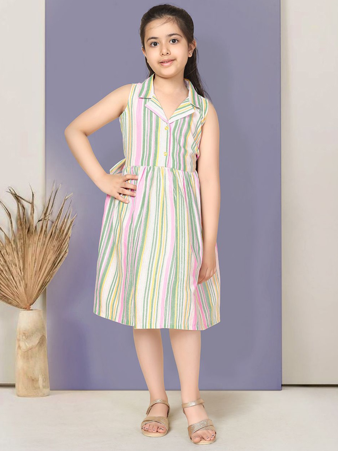 

YK Girl Striped A-Line Dress, Green