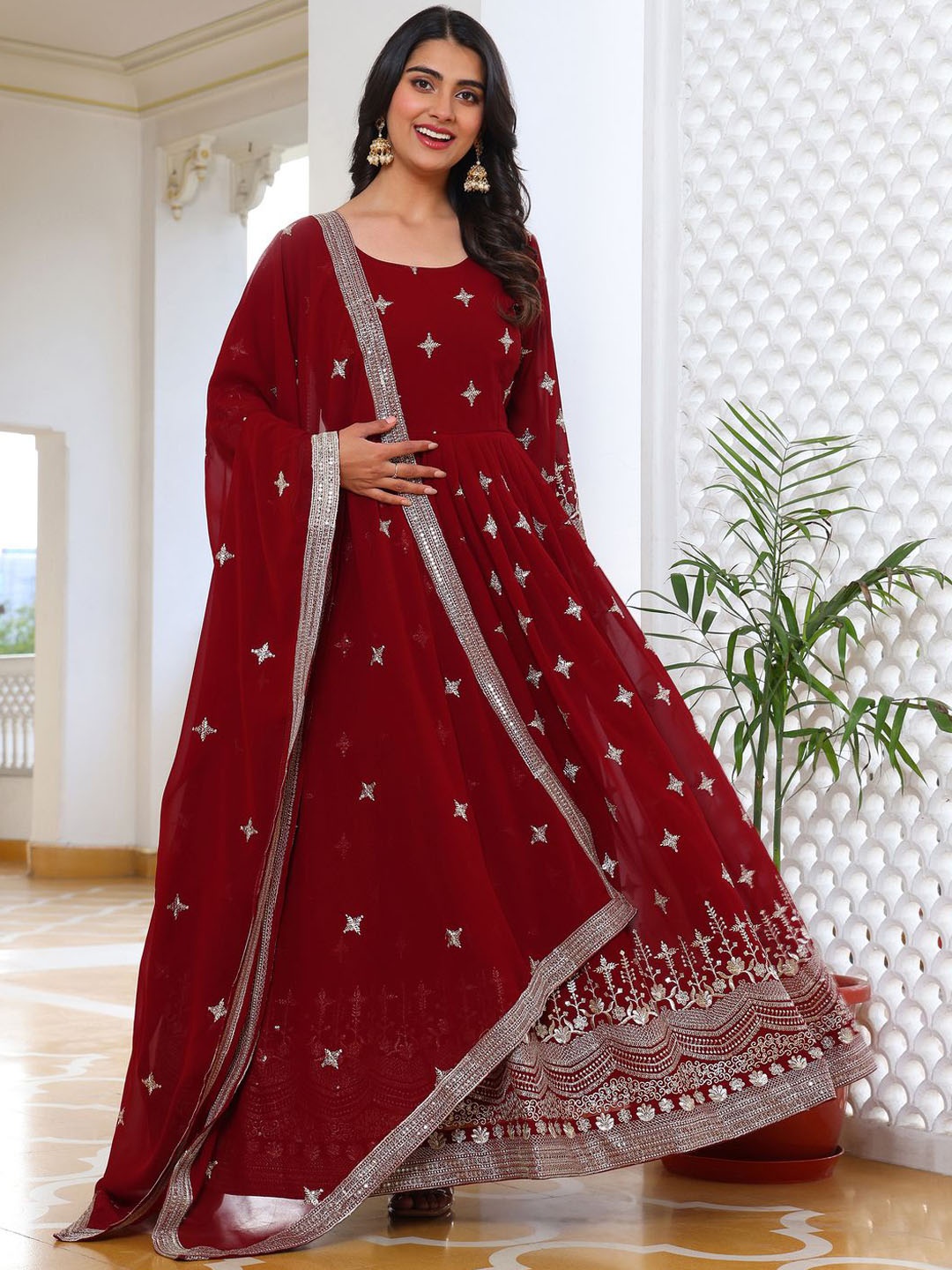 

Fashion Basket Women Ethnic Motifs Embroidered Regular Beads and Stones Kurta with Pyjamas & With Dupatta, Maroon