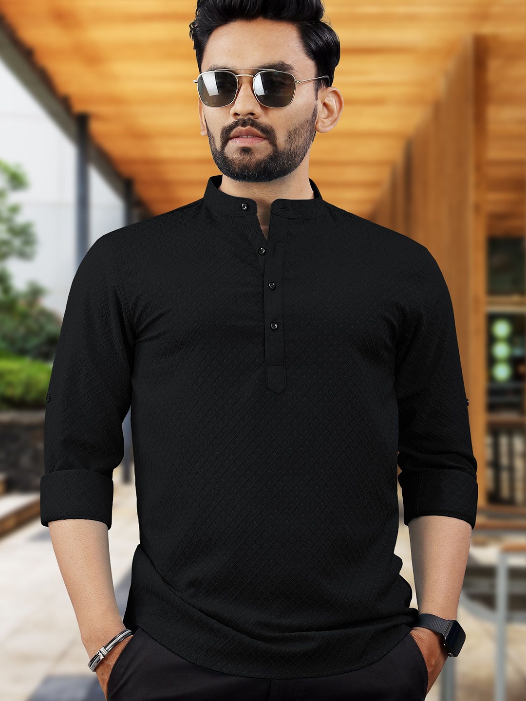 

VeBNoR Men Thread Work Dobby Kurta, Black