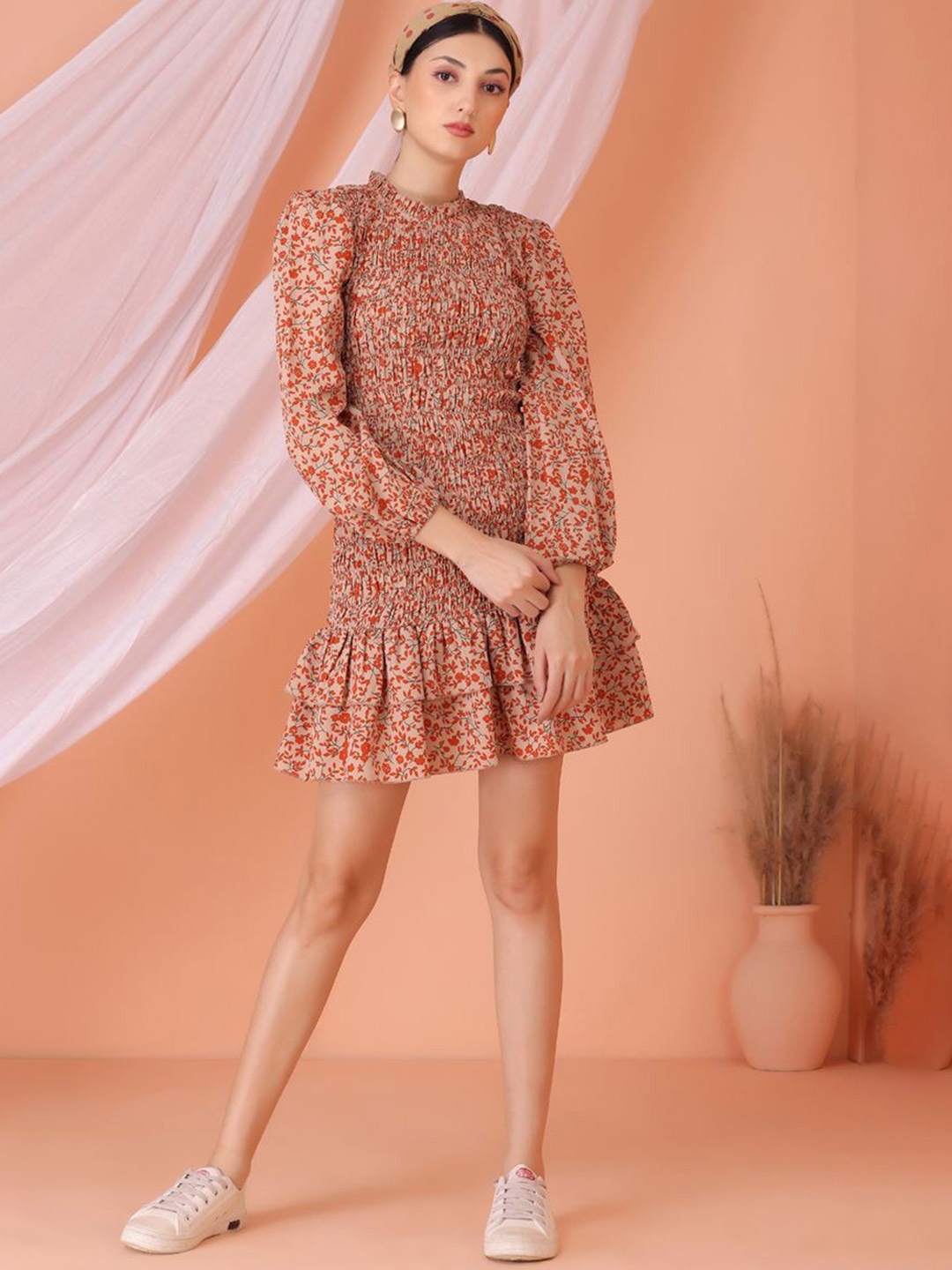 

SEW Floral Printed Smocked Short Midi Dress, Orange