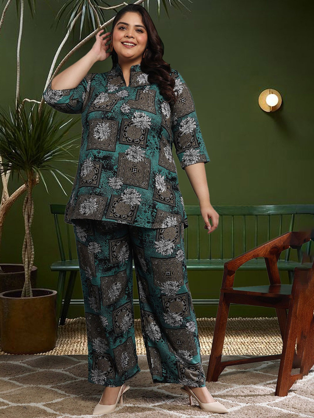 

ISHQY Plus Size Floral Printed Pure Cotton Top With Palazzo Co-Ords, Green