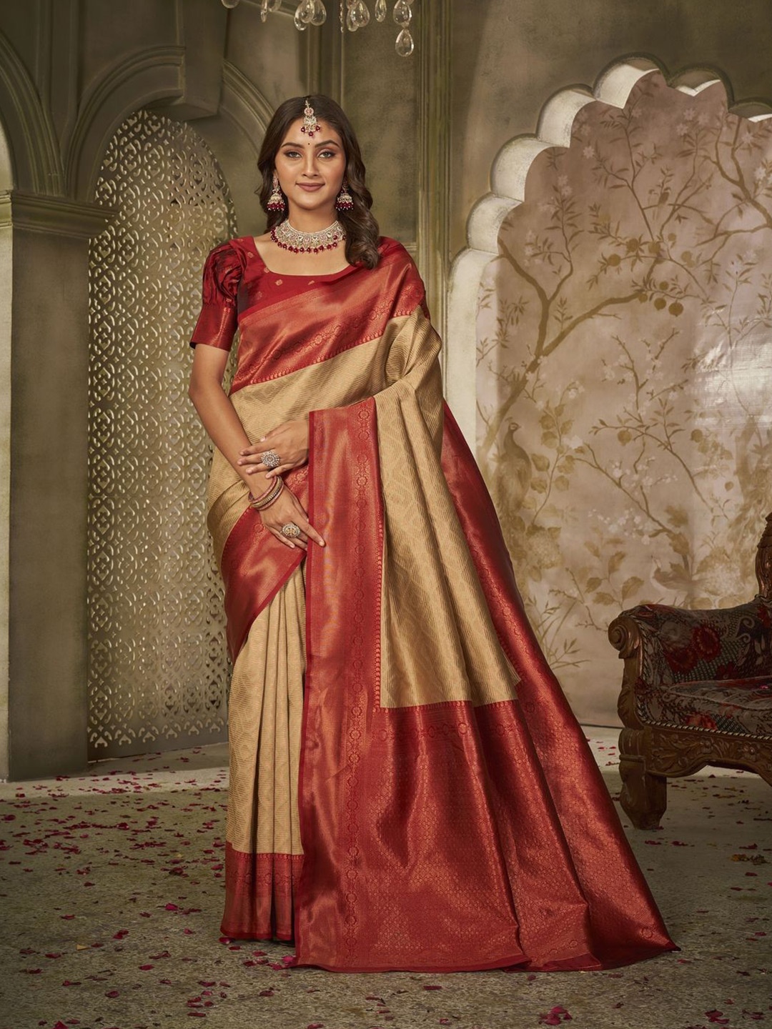 

KALINI Woven Design Zari Kanjeevaram Saree, Red