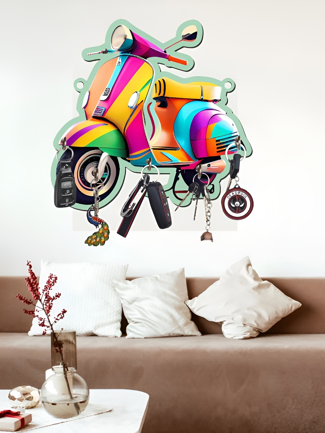 

Webelkart Pink & Yellow Vespa Scooter Printed Wooden Key Holder