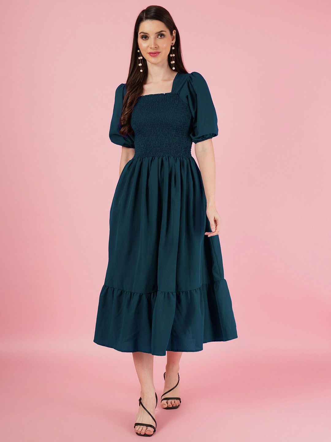 

Jash Creation Puff Sleeve Fit & Flare Dress, Blue